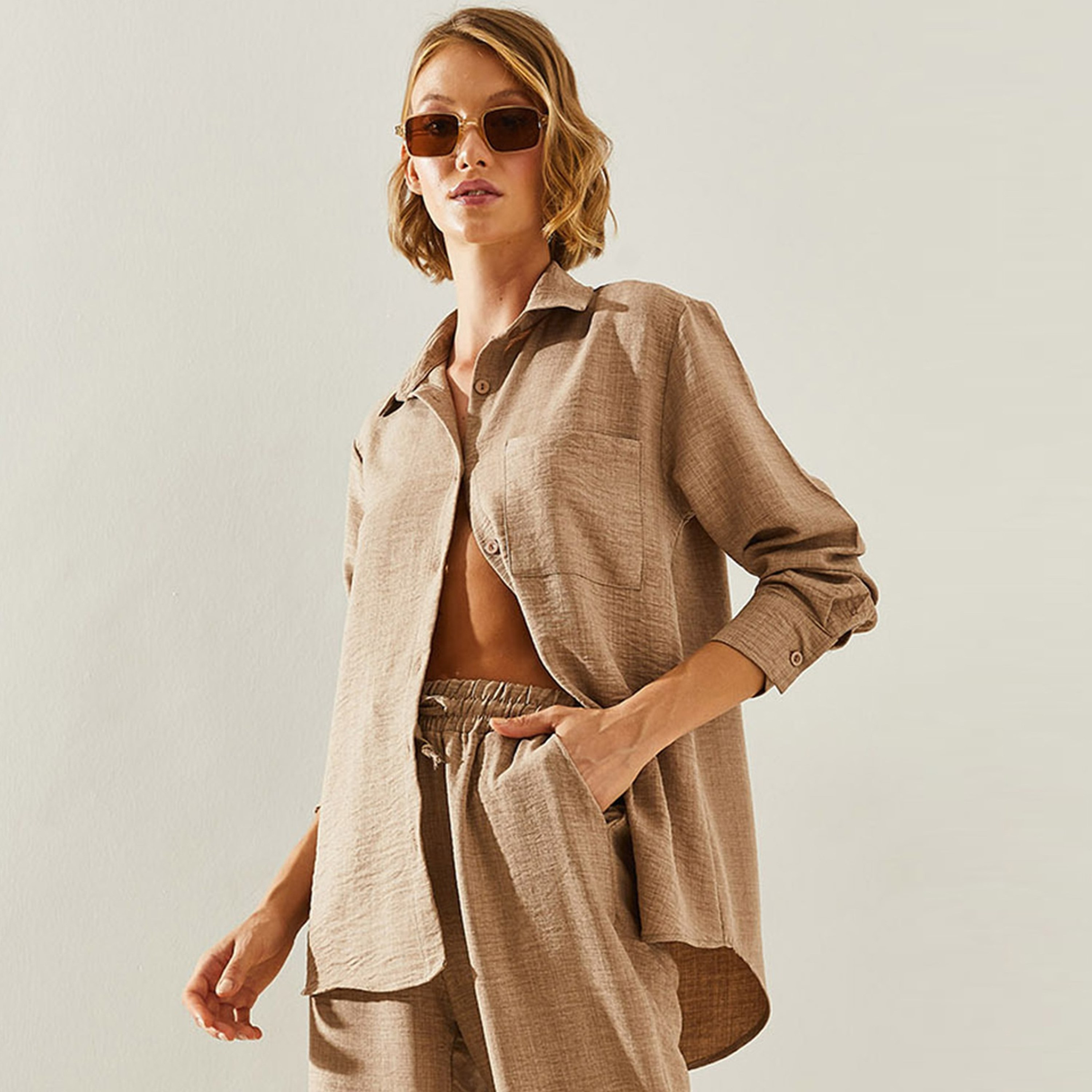 Bianco Lucci 2-Piece Textured Collared Shirt and Pants Women's Co-Ord Set-women-clothing-coordsets-image-17