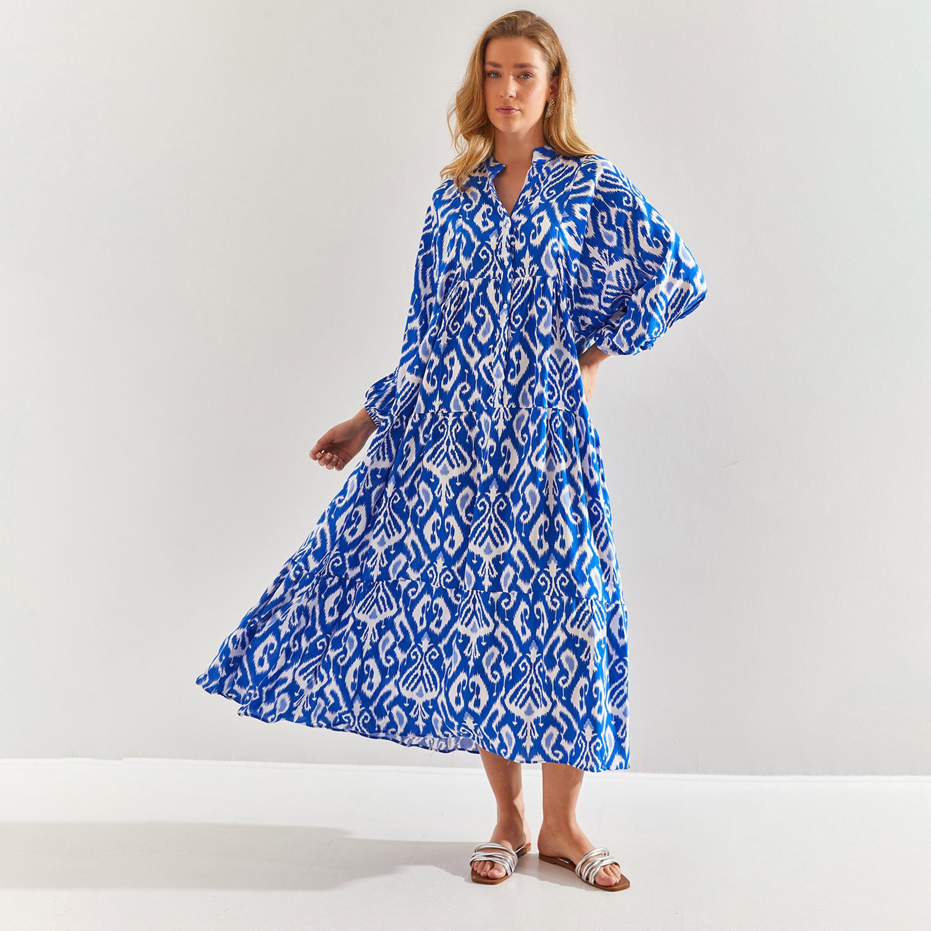 Bianco Lucci Ikat Mandarin Elasticated Sleeves Tiered Women's Maxi Dress-women-clothing-dresses-image-1