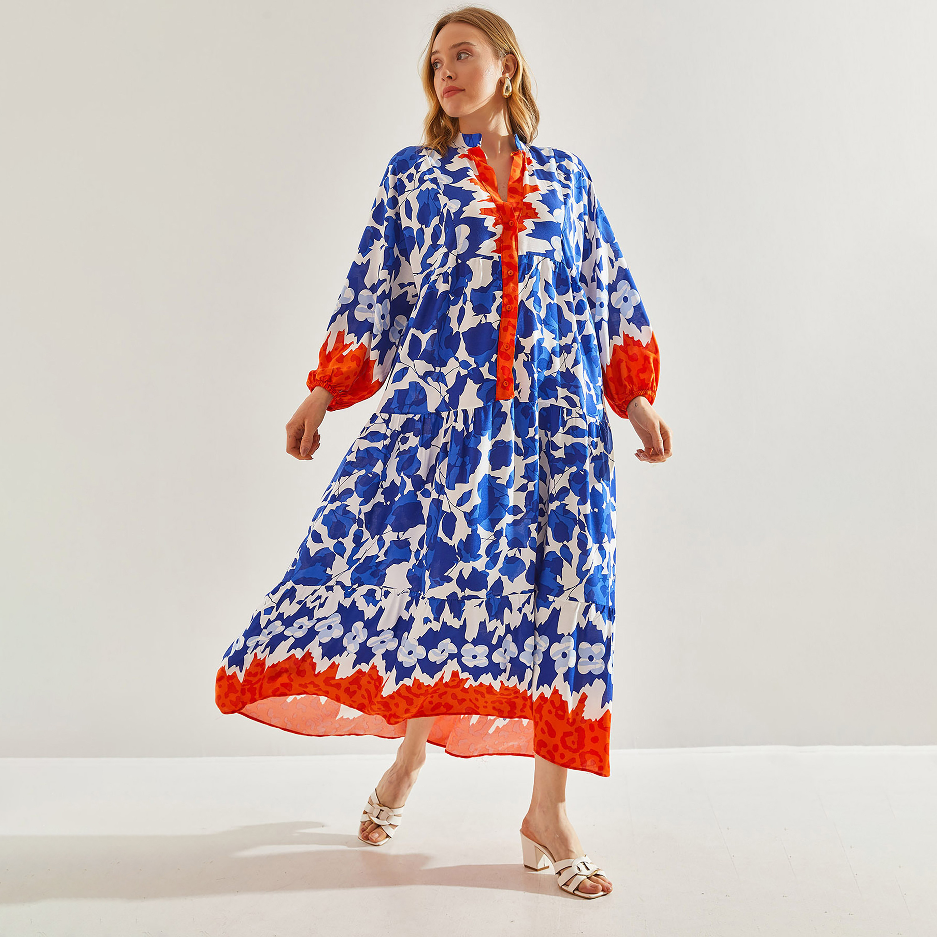 فستان ماكسي متعدد الطبقات إيكات ماندارين بأكمام مرنة للنساء من بيانكو لوتشي-women-clothing-dresses-image-8