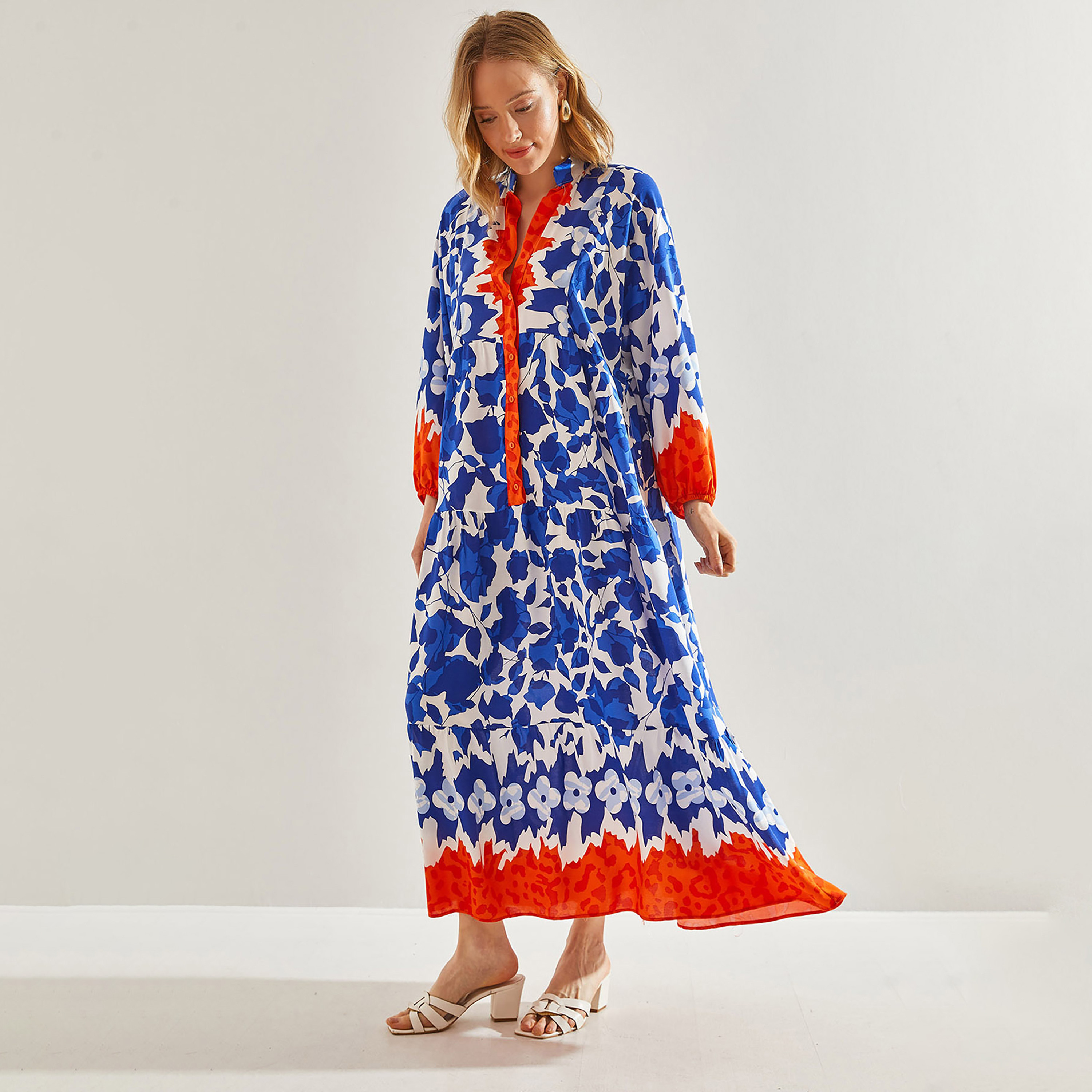 فستان ماكسي متعدد الطبقات إيكات ماندارين بأكمام مرنة للنساء من بيانكو لوتشي-women-clothing-dresses-image-10
