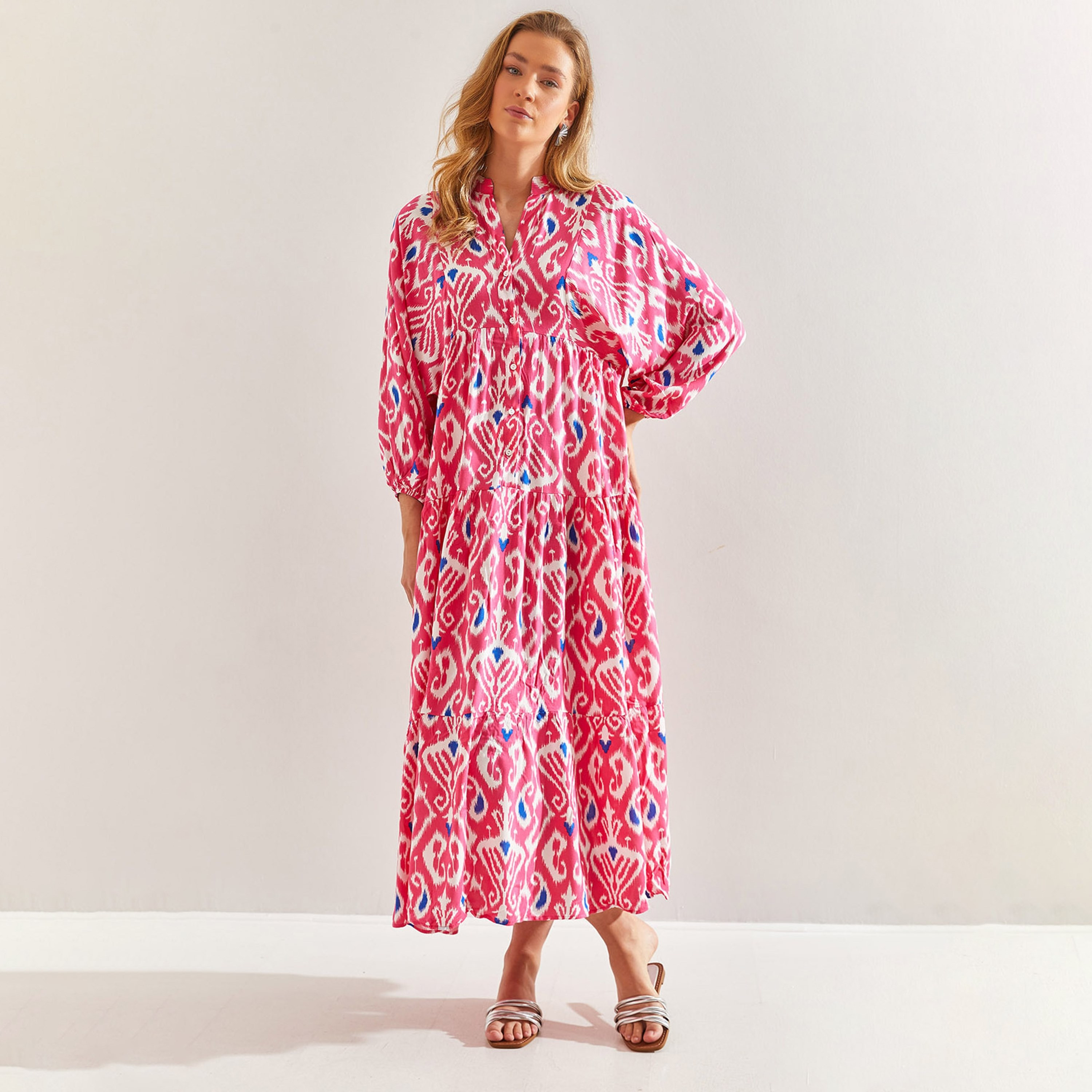 Bianco Lucci Ikat Mandarin Elasticated Sleeves Tiered Women's Maxi Dress-women-clothing-dresses-image-1