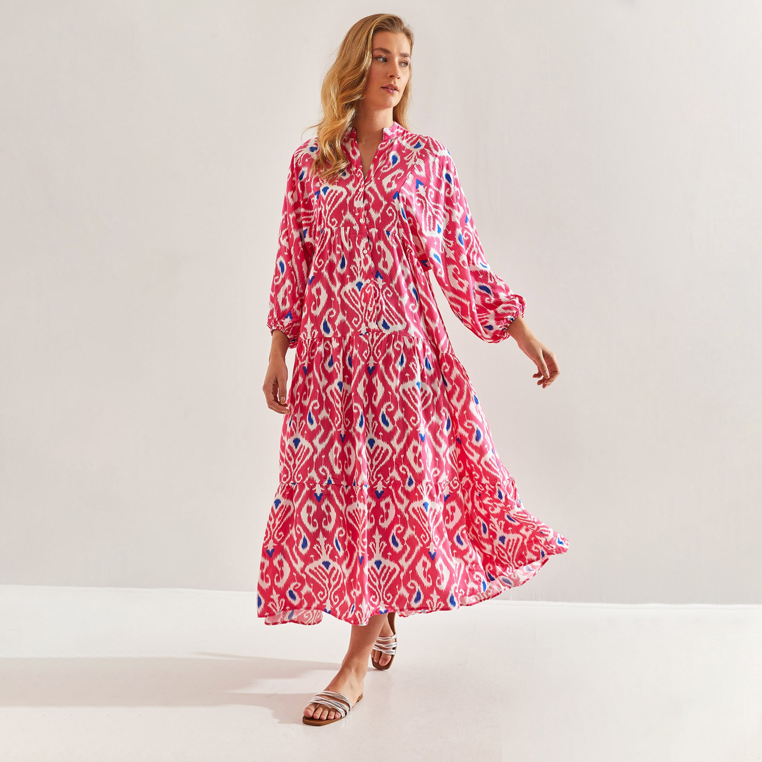 فستان ماكسي متعدد الطبقات إيكات ماندارين بأكمام مرنة للنساء من بيانكو لوتشي-women-clothing-dresses-image-5