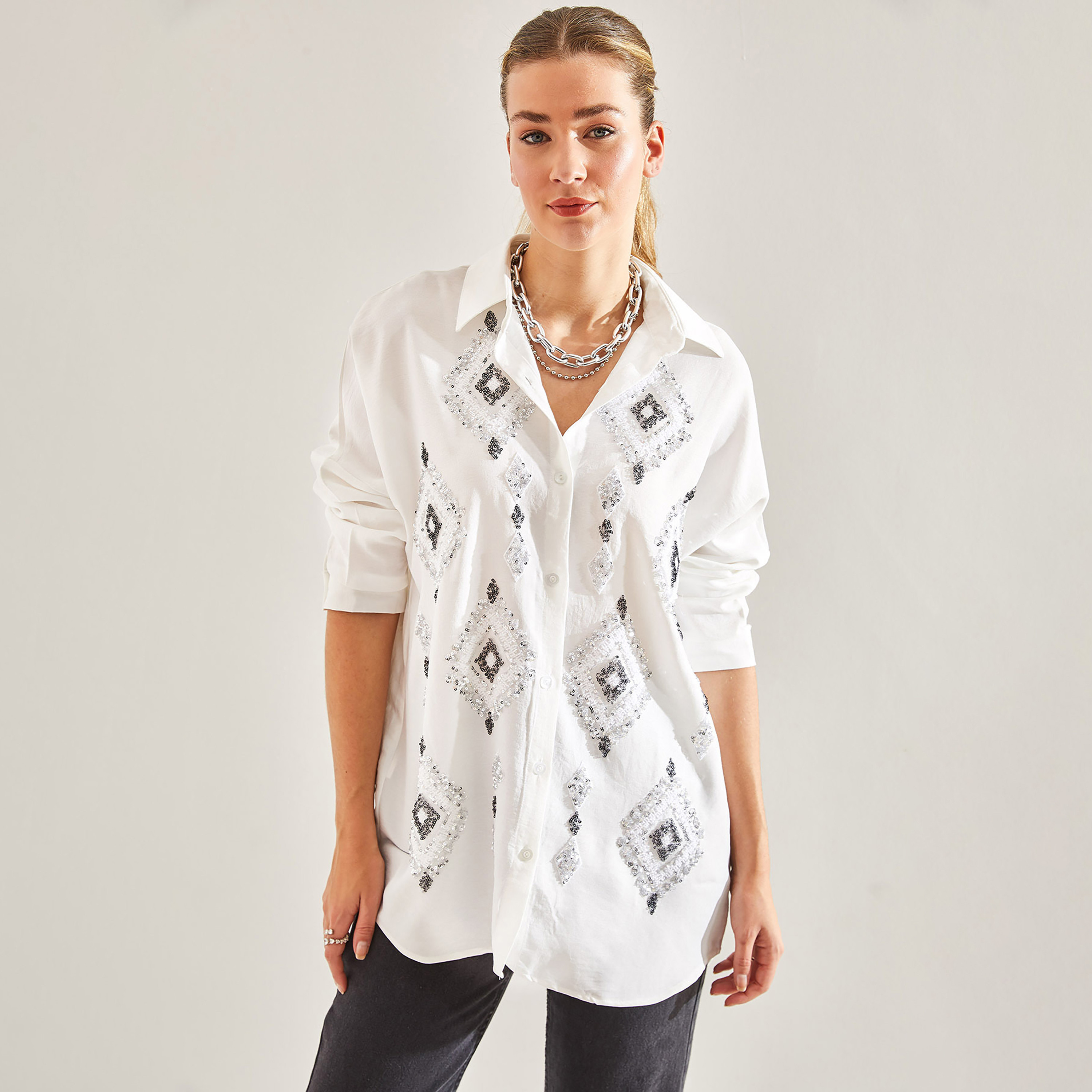 Bianco Lucci White Sequined & Beaded Linen Collared Dropped Sleeves Women's Shirt-women-clothing-shirtsandblouses-shirts-image-1