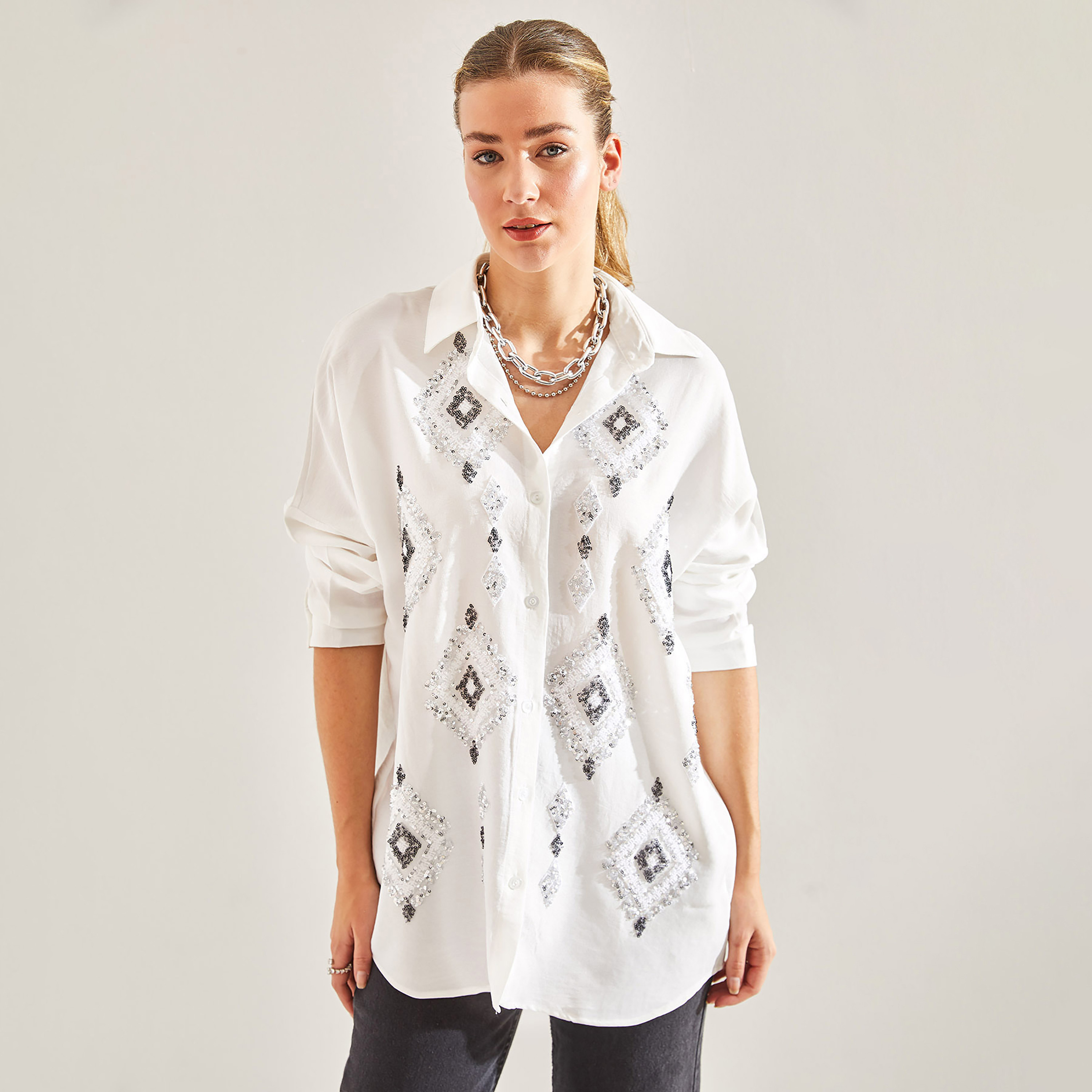 Bianco Lucci White Sequined & Beaded Linen Collared Dropped Sleeves Women's Shirt-women-clothing-shirtsandblouses-shirts-image-2