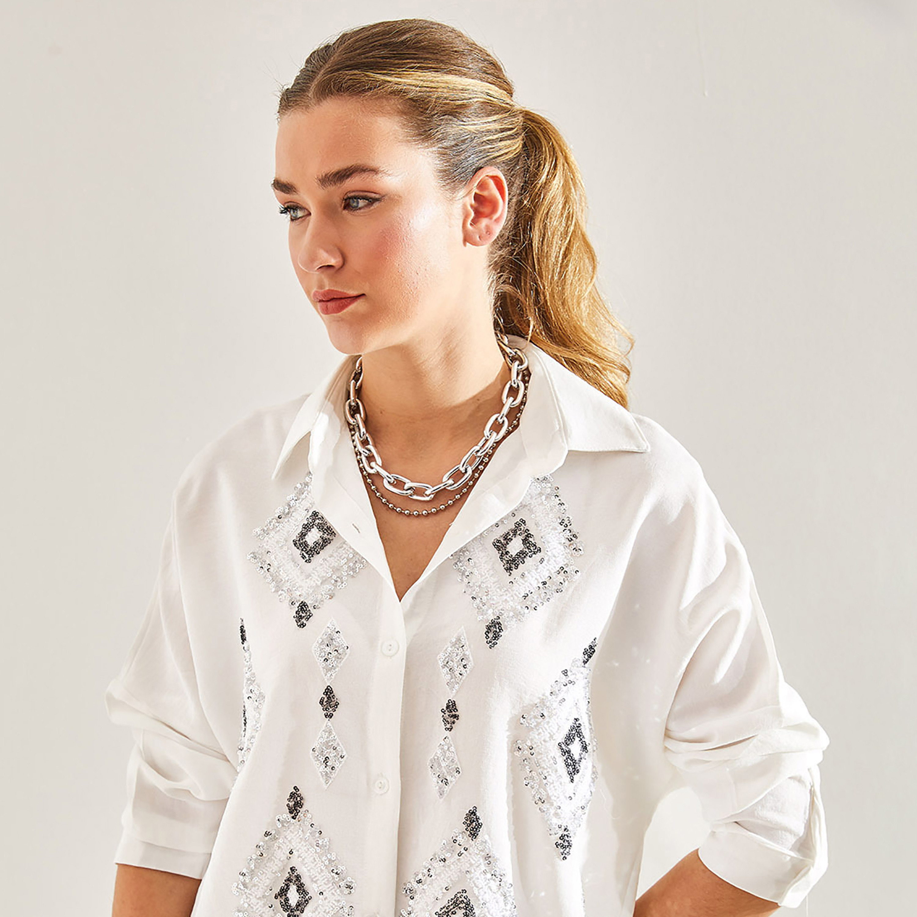 Bianco Lucci White Sequined & Beaded Linen Collared Dropped Sleeves Women's Shirt-women-clothing-shirtsandblouses-shirts-image-3