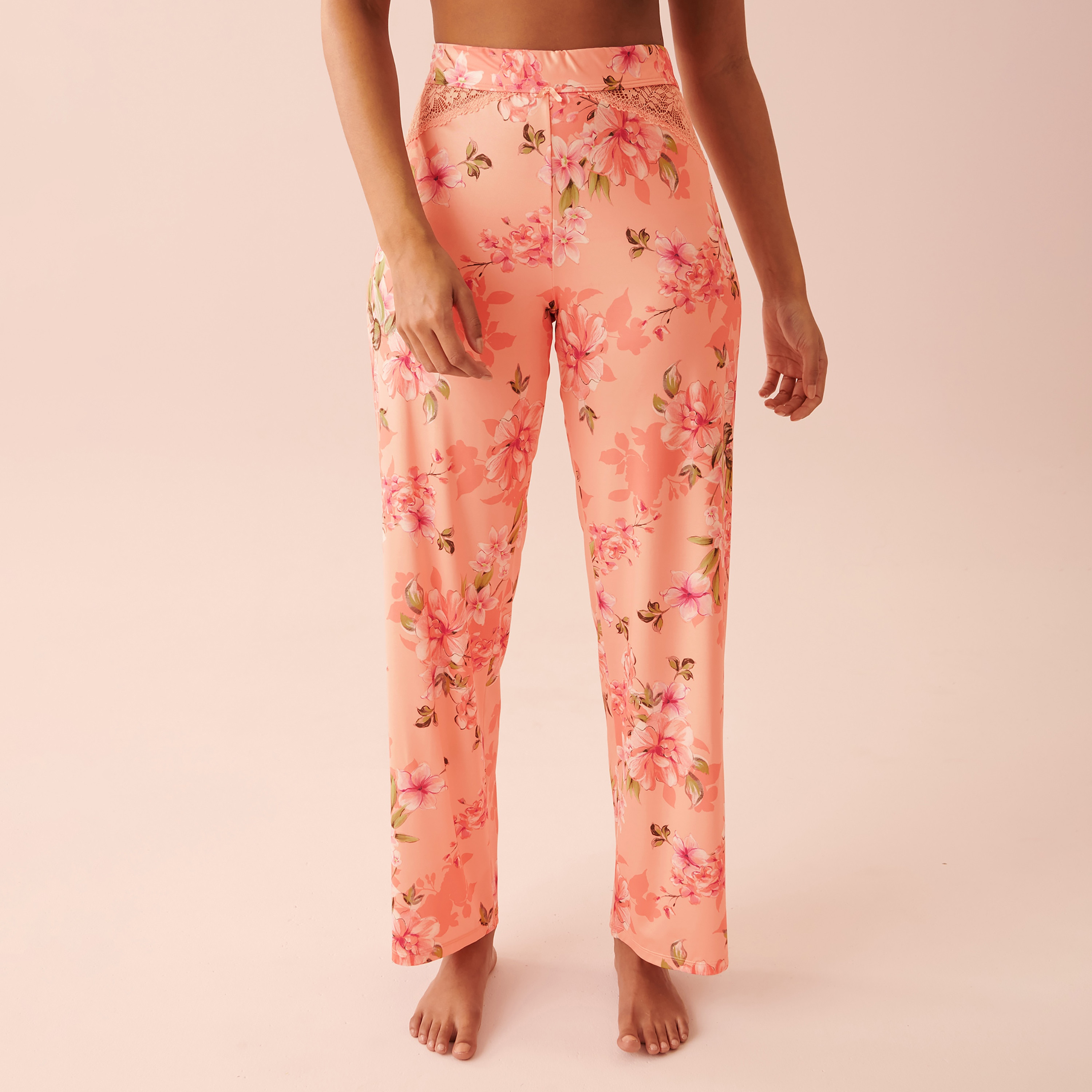 بنطال واسع الساق من لا في إن روز بنقشة زهور خوخي شروق الشمس مع مزين بدانتيل-women-clothing-nightwear-pyjamas-bottoms-image-1