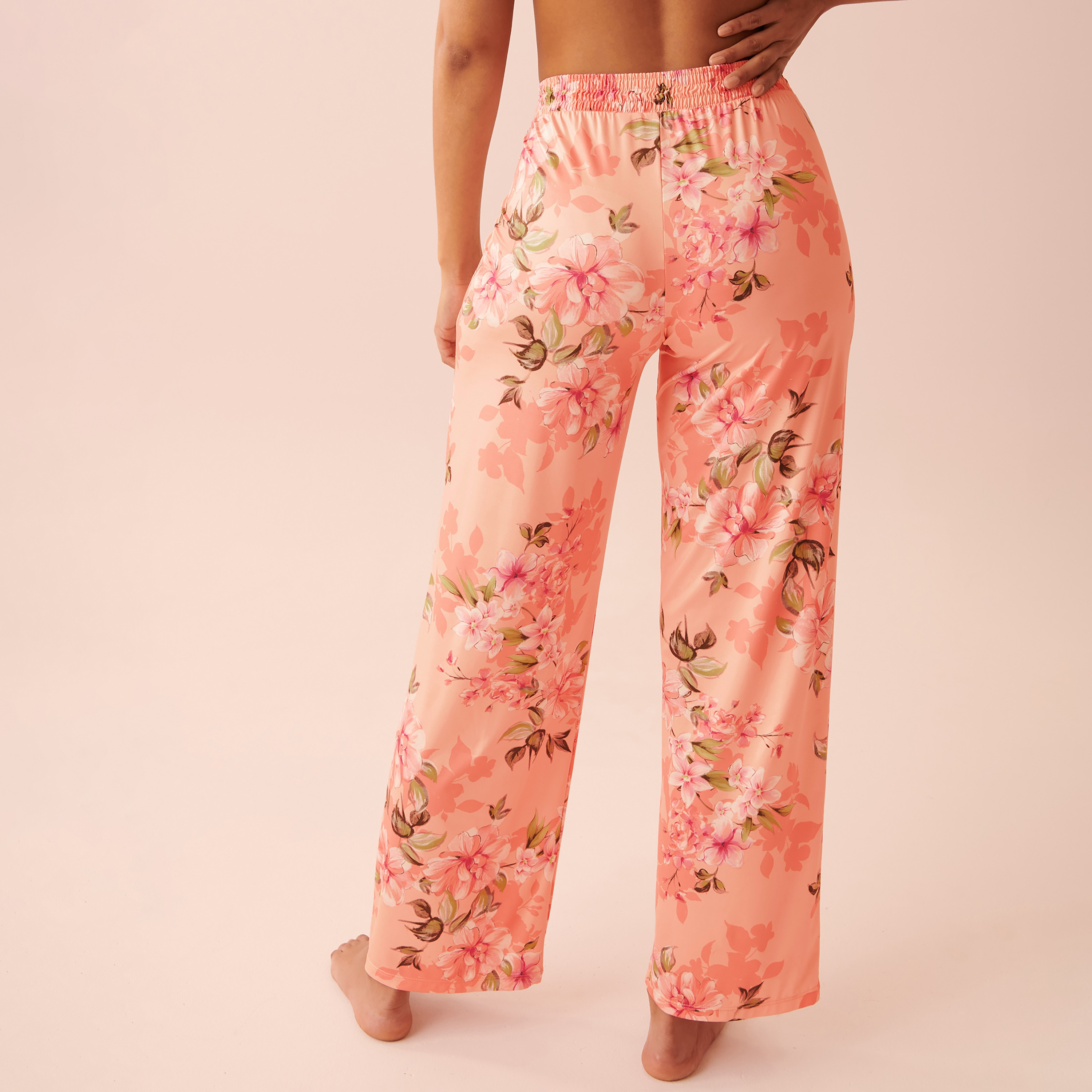 بنطال واسع الساق من لا في إن روز بنقشة زهور خوخي شروق الشمس مع مزين بدانتيل-women-clothing-nightwear-pyjamas-bottoms-image-3
