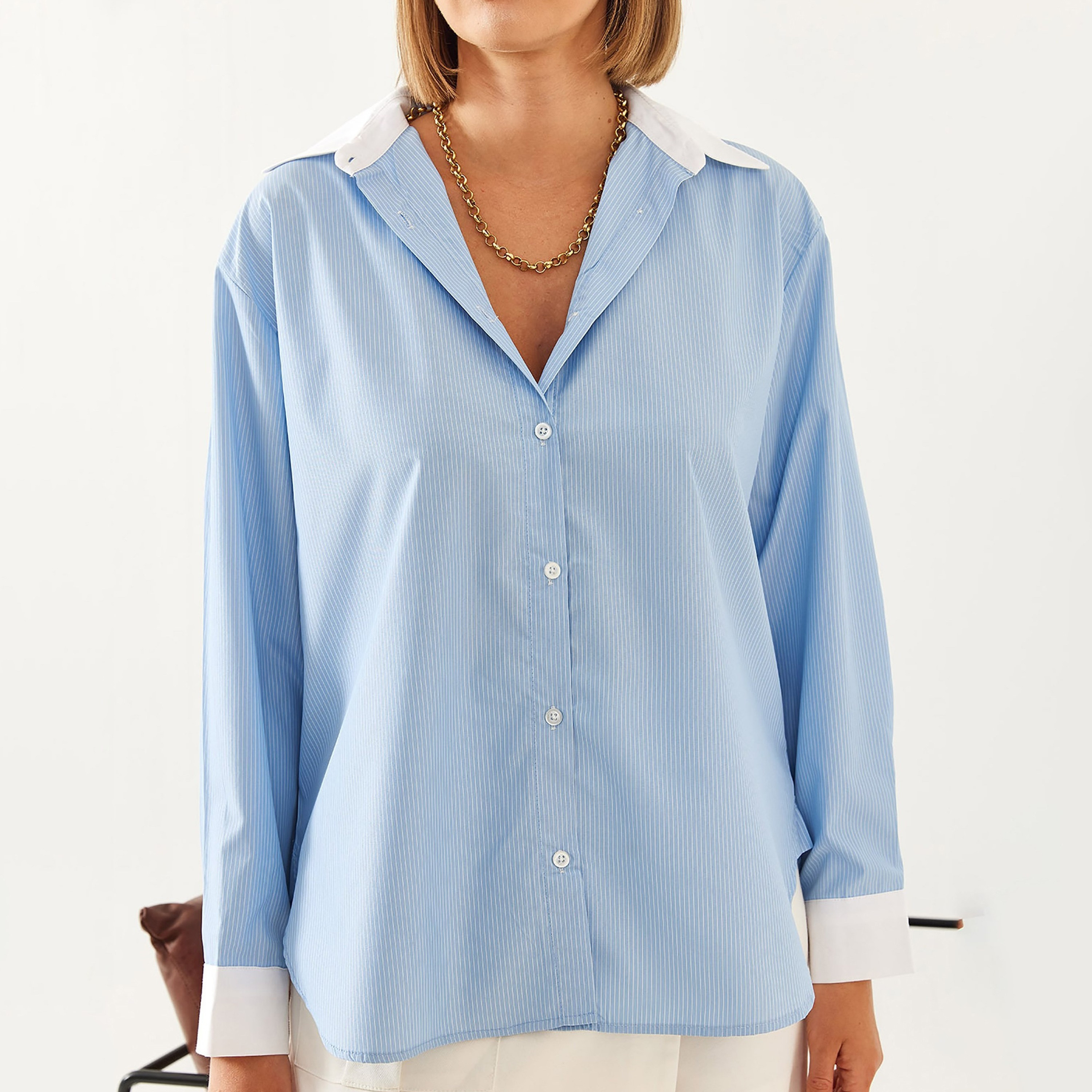 قميص نسائي أزرق مخطط بياقة من بيانكو لوتشي-women-clothing-shirtsandblouses-shirts-image-1