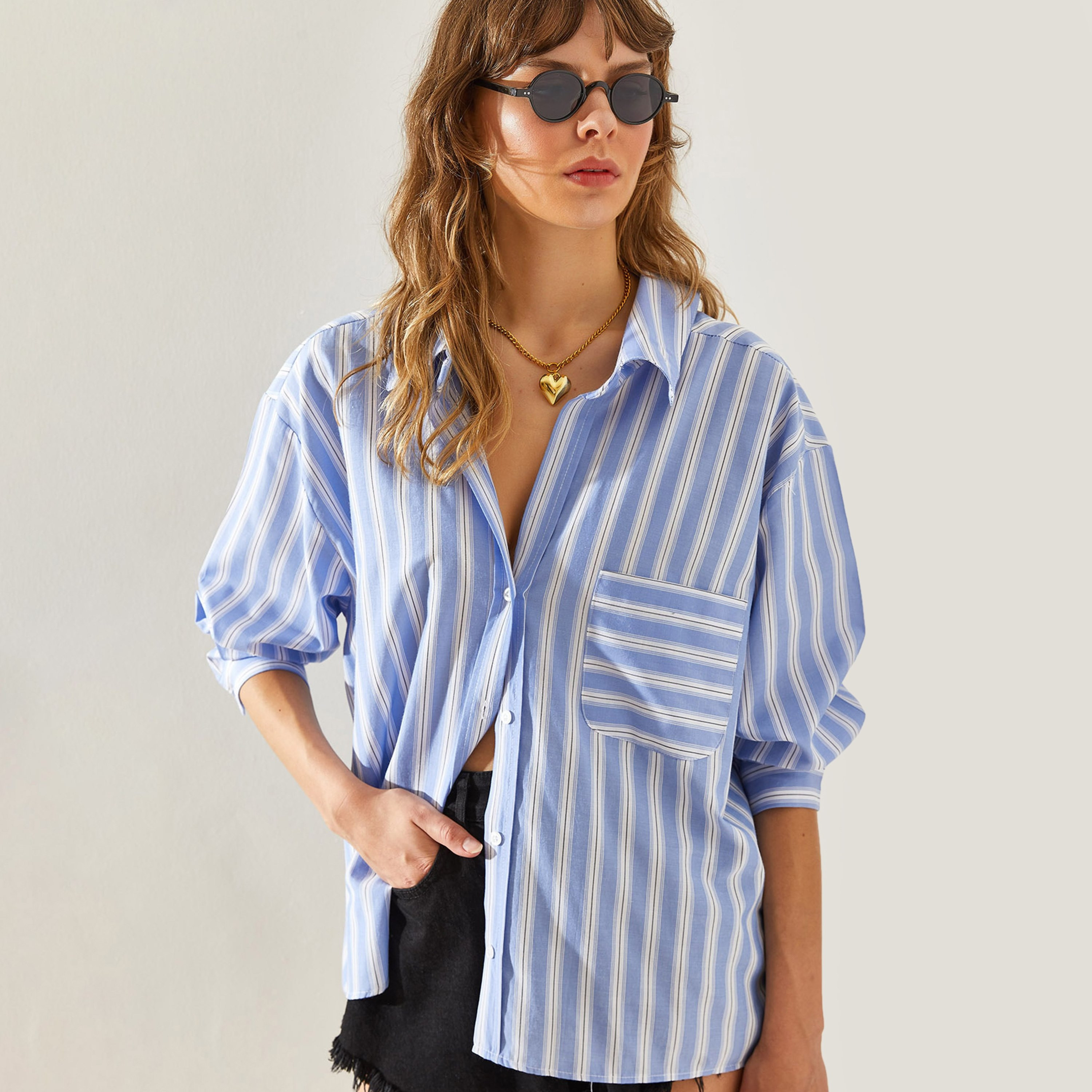 قميص نسائي أزرق مخطط بأكمام منسدلة وياقة من بيانكو لوتشي-women-clothing-shirtsandblouses-shirts-image-1