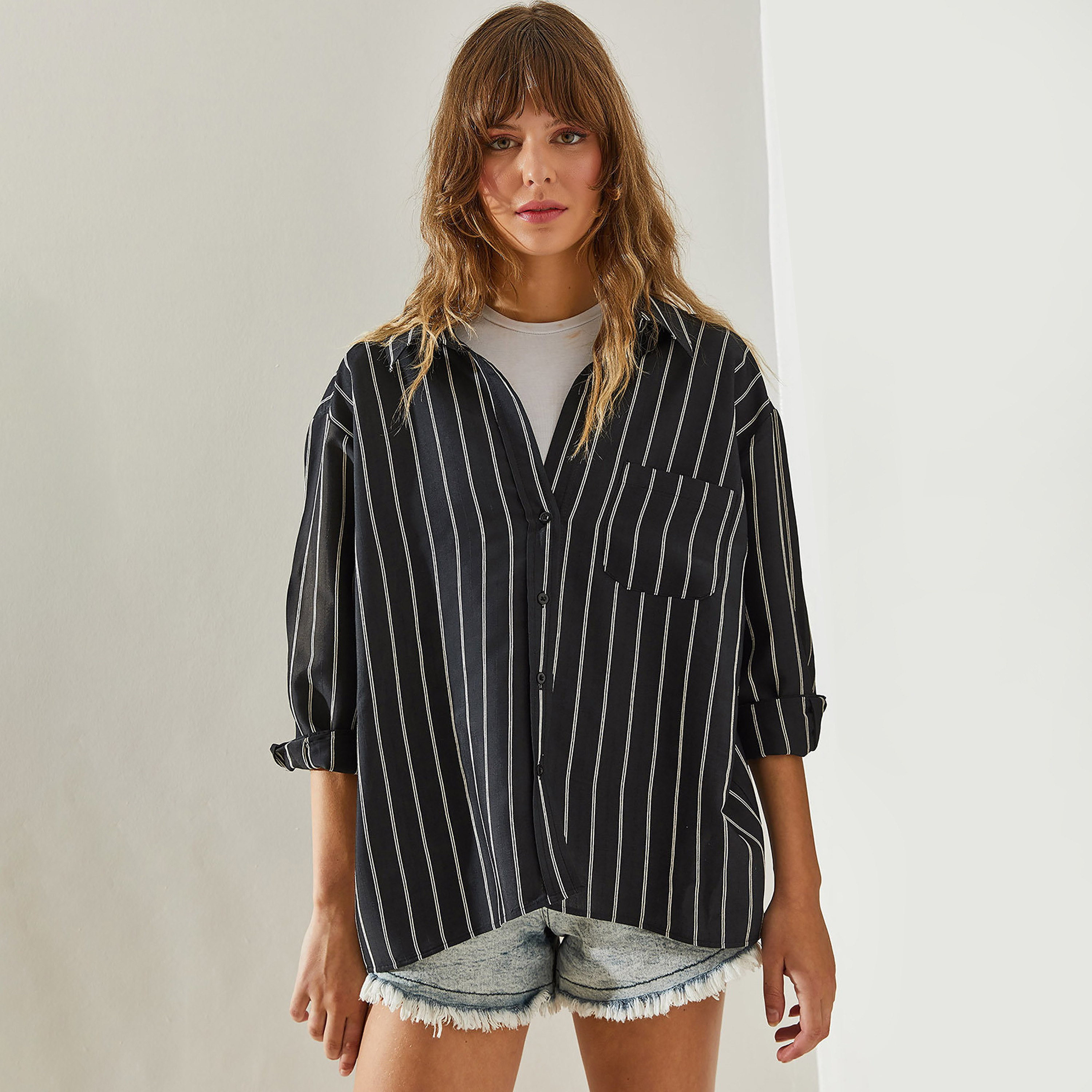 Bianco Lucci Stripes Collared Dropped Sleeves Beige Women's Shirt-women-clothing-shirtsandblouses-shirts-image-5