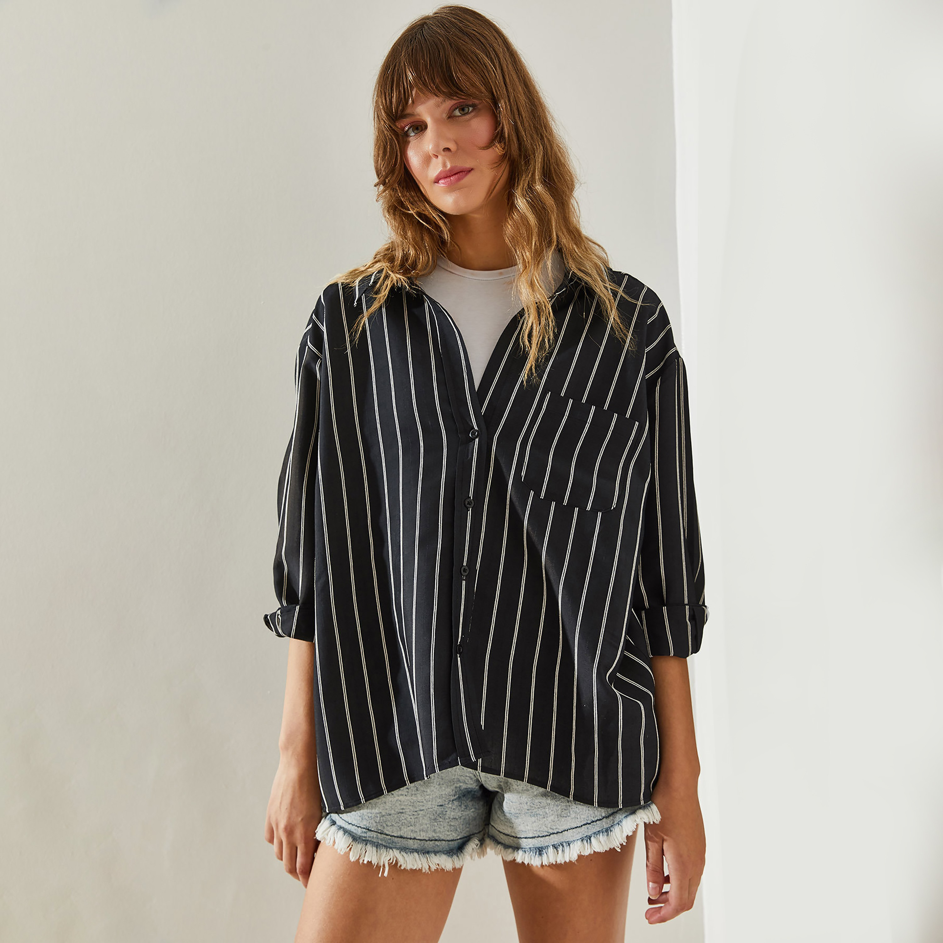 Bianco Lucci Stripes Collared Dropped Sleeves Beige Women's Shirt-women-clothing-shirtsandblouses-shirts-image-6