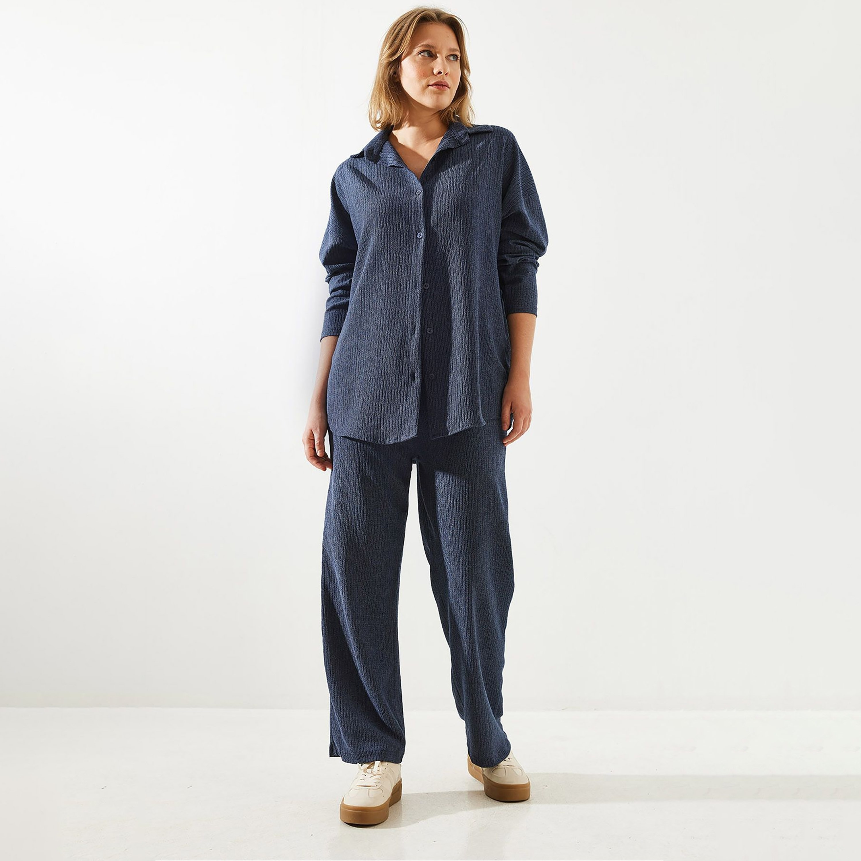 Bianco Lucci 2-Piece Textured Collared Shirt and Pants Women's Co-Ord Set-women-clothing-coordsets-image-1