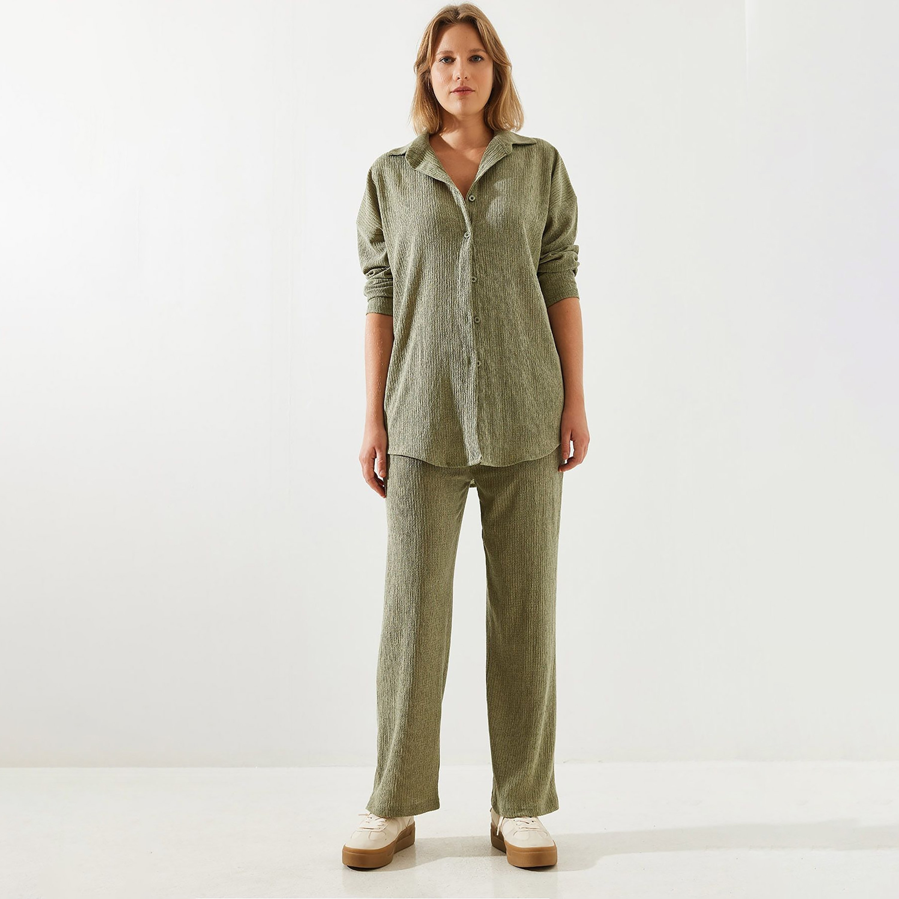 Bianco Lucci 2-Piece Textured Collared Shirt and Pants Women's Co-Ord Set-women-clothing-coordsets-image-6