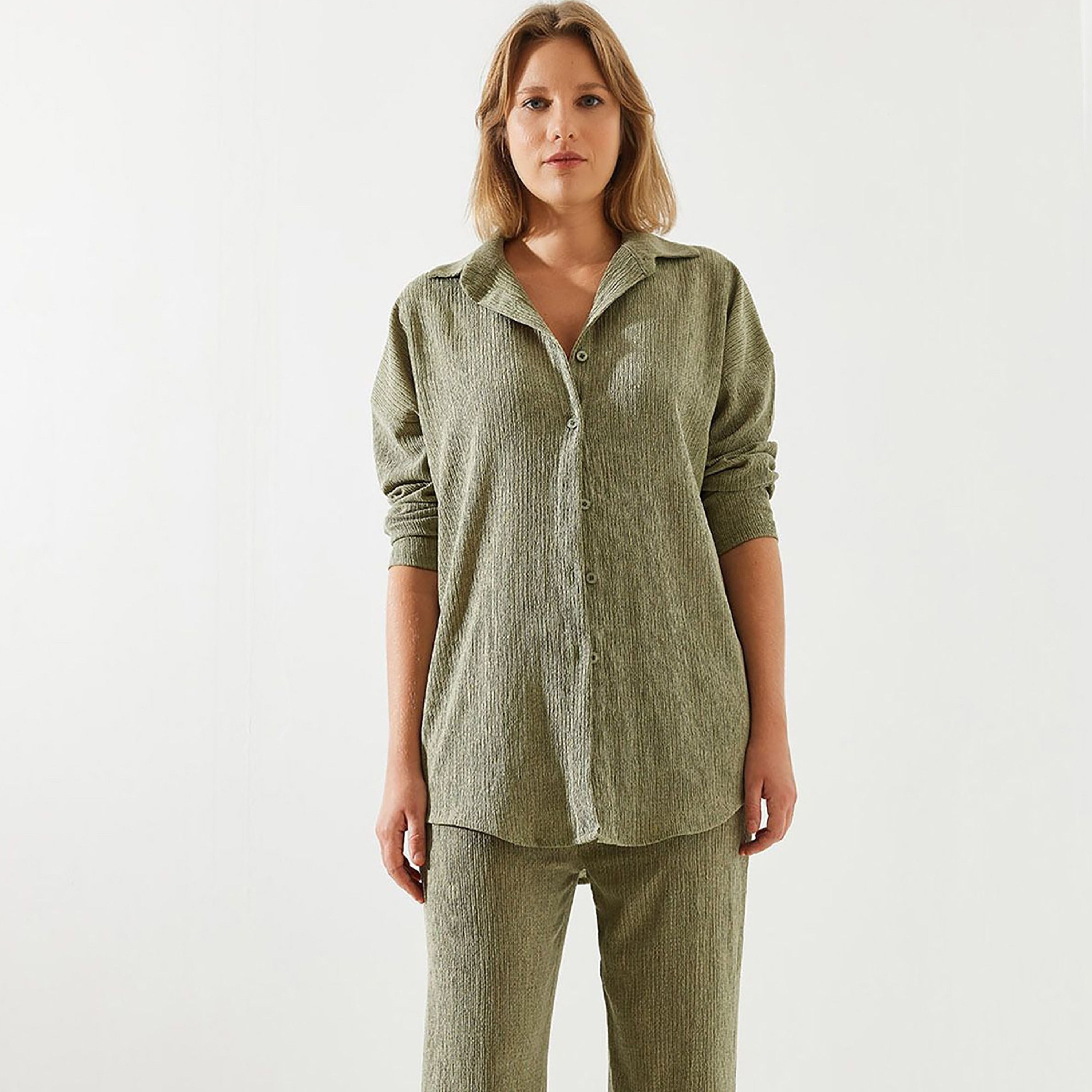 Bianco Lucci 2-Piece Textured Collared Shirt and Pants Women's Co-Ord Set-women-clothing-coordsets-image-7