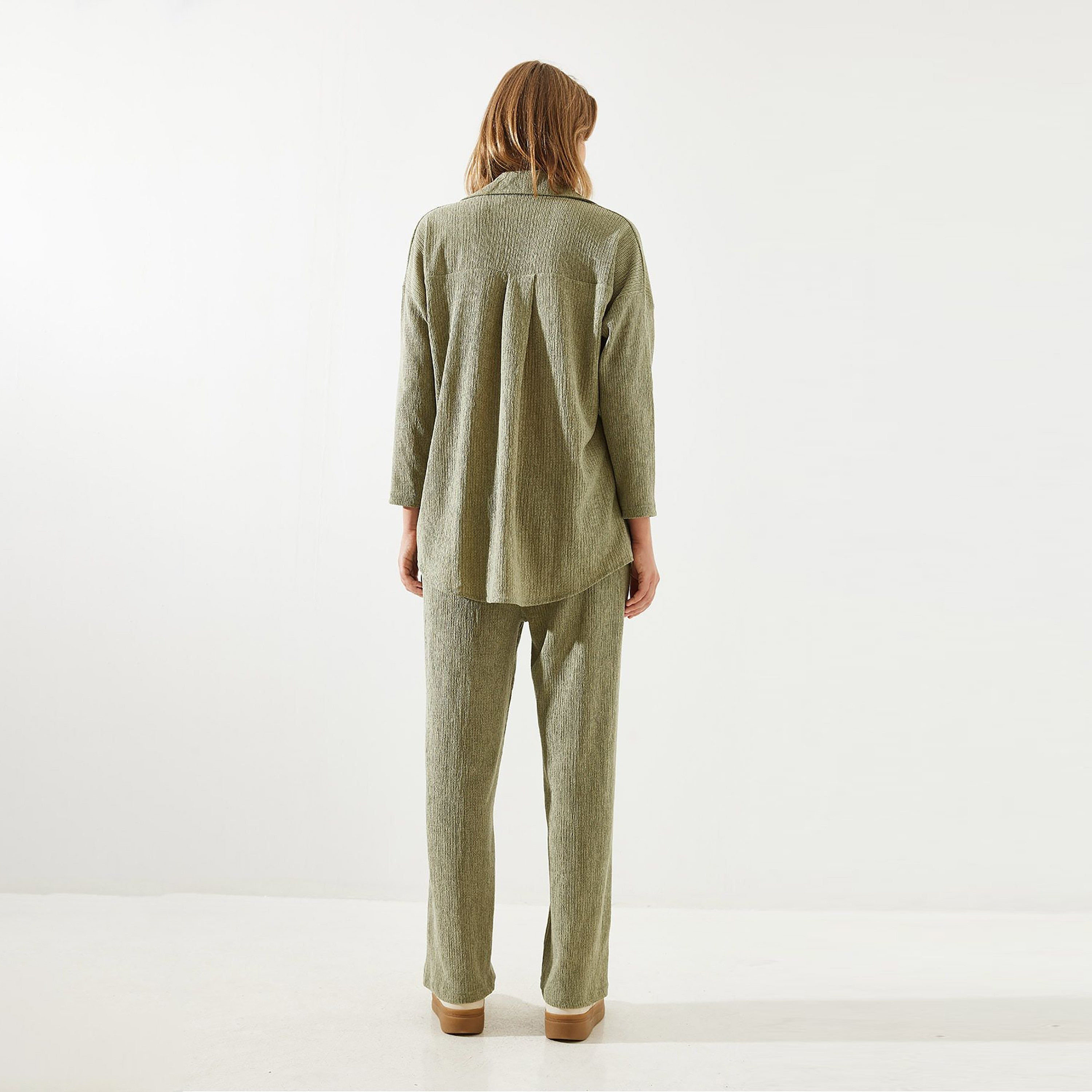 Bianco Lucci 2-Piece Textured Collared Shirt and Pants Women's Co-Ord Set-women-clothing-coordsets-image-9