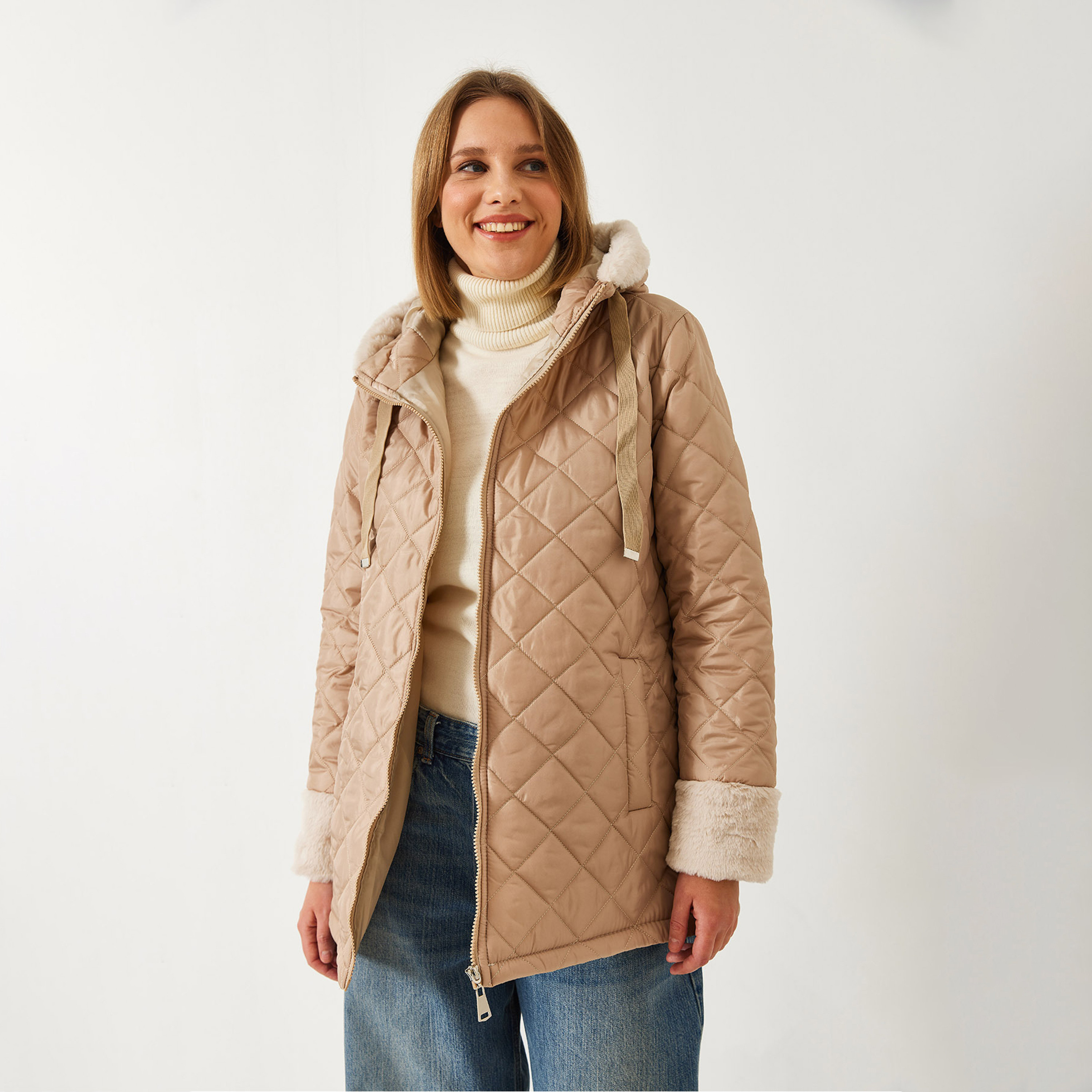 Bianco Lucci Hooded Neck Beige Women's Quilted Jacket-women-clothing-coatsandjackets-jackets-image-5