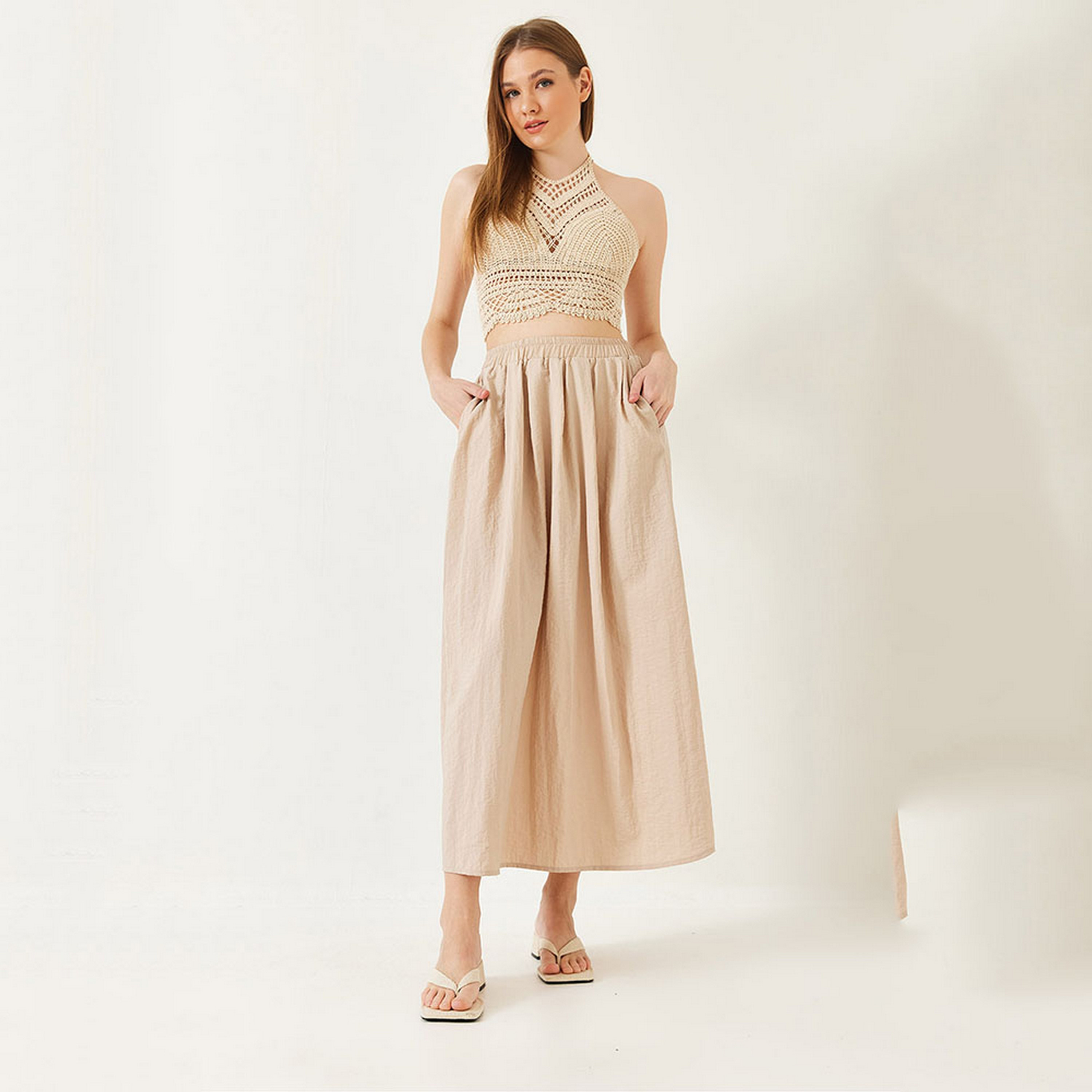 Bianco Lucci Gathered Flared Women's Maxi Skirt-women-clothing-bottoms-skirts-image-2