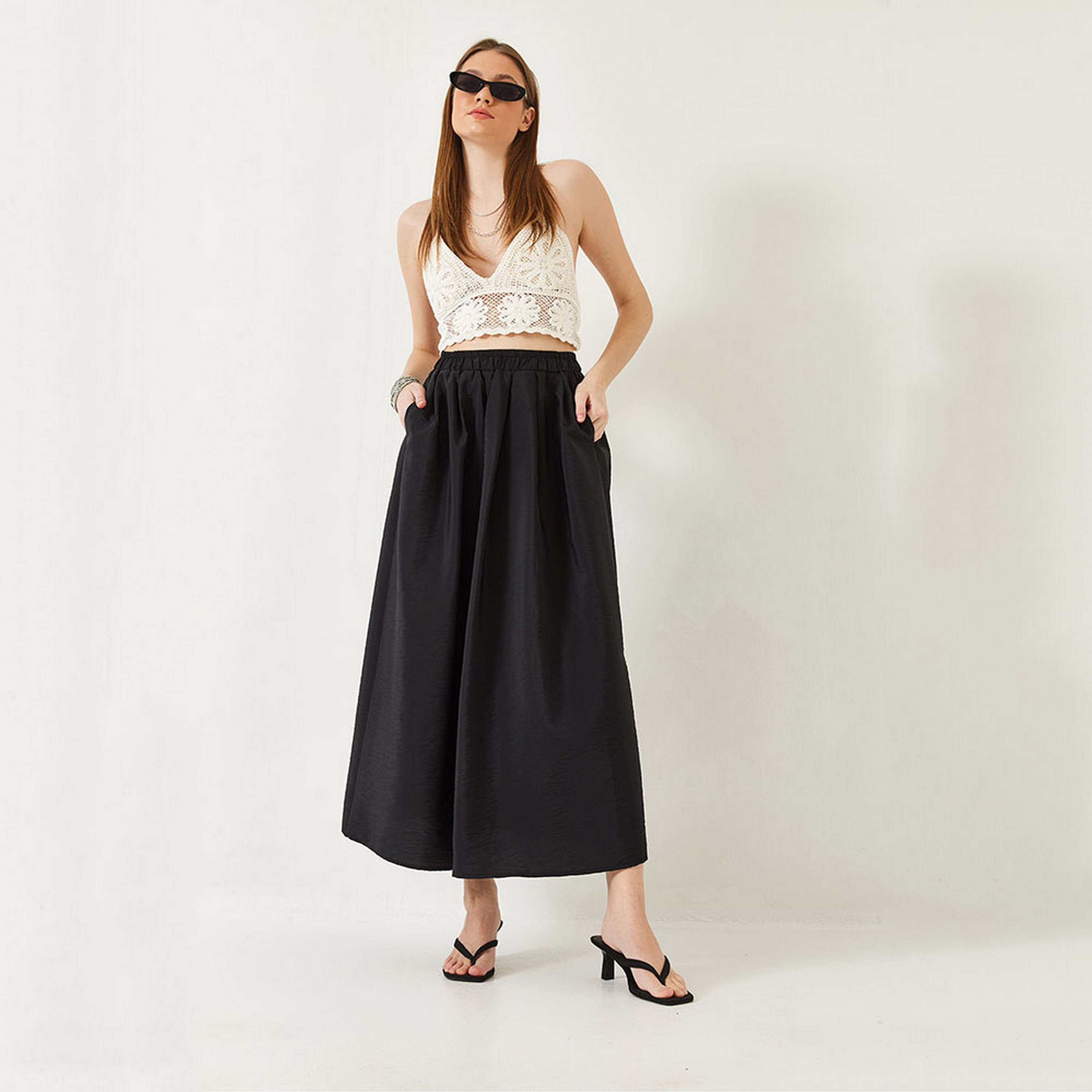 Bianco Lucci Gathered Flared Women's Maxi Skirt-women-clothing-bottoms-skirts-image-11