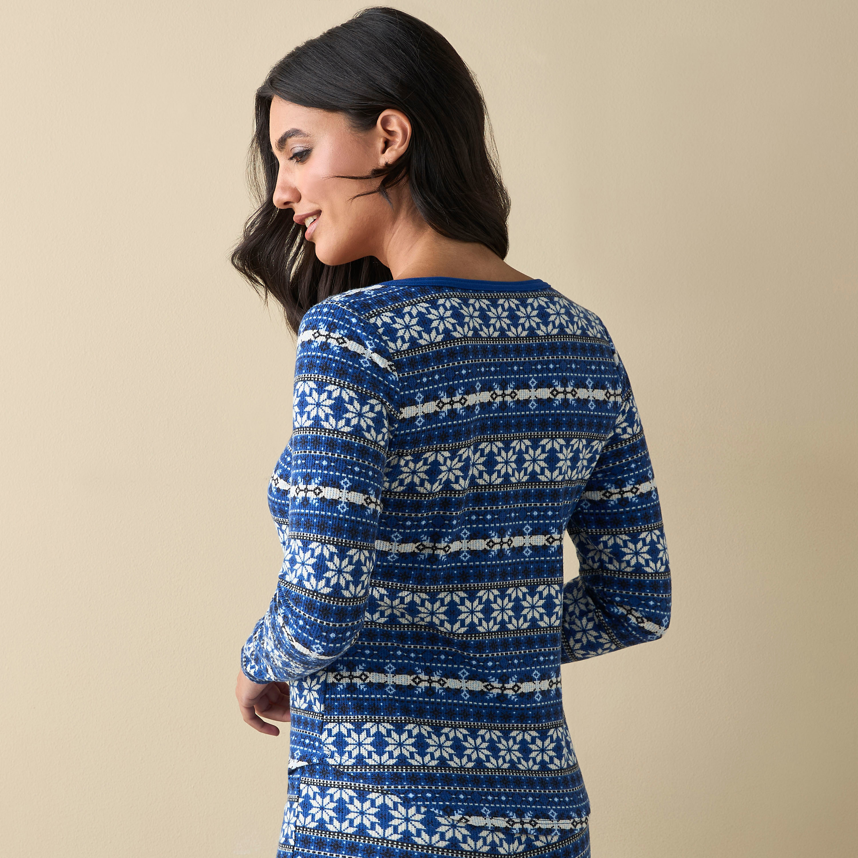 بلوزة كاروهات بياقة مربعة وأكمام طويلة من لاسنزا-women-clothing-nightwear-pyjamas-tops-image-3