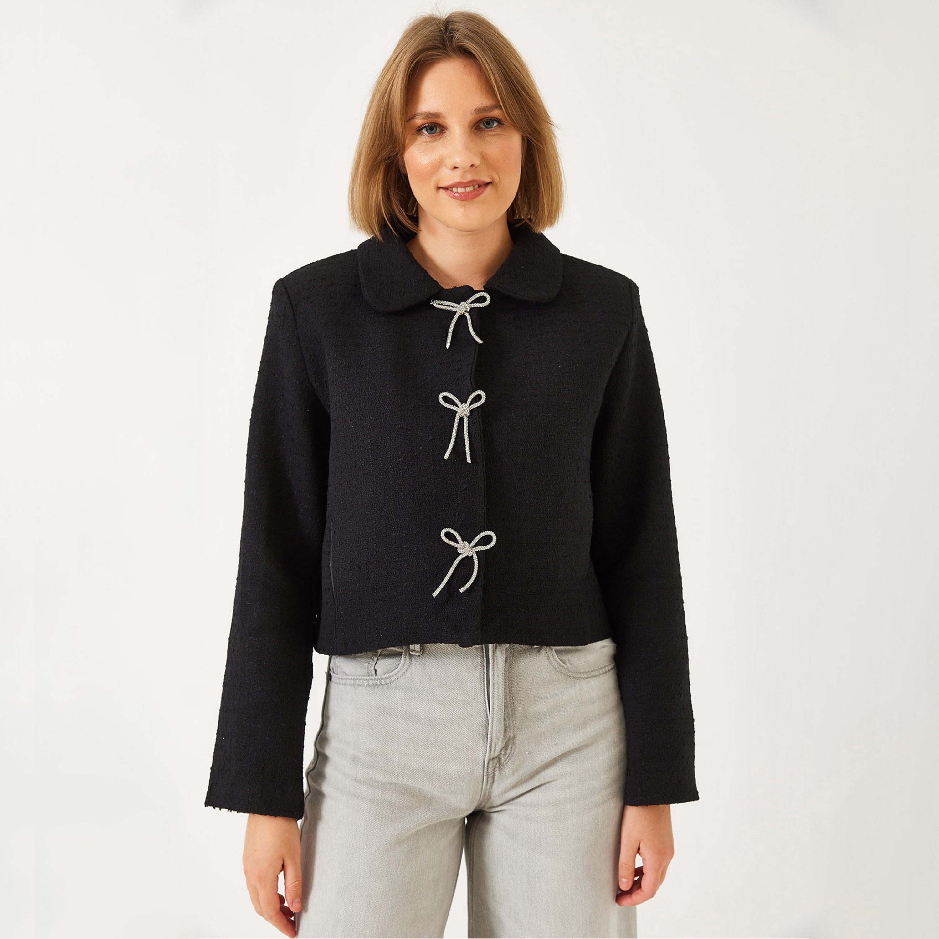 Bianco Lucci Textured Collared Black Women's Jacket-women-winterwear-coatsandjackets-jackets-image-1
