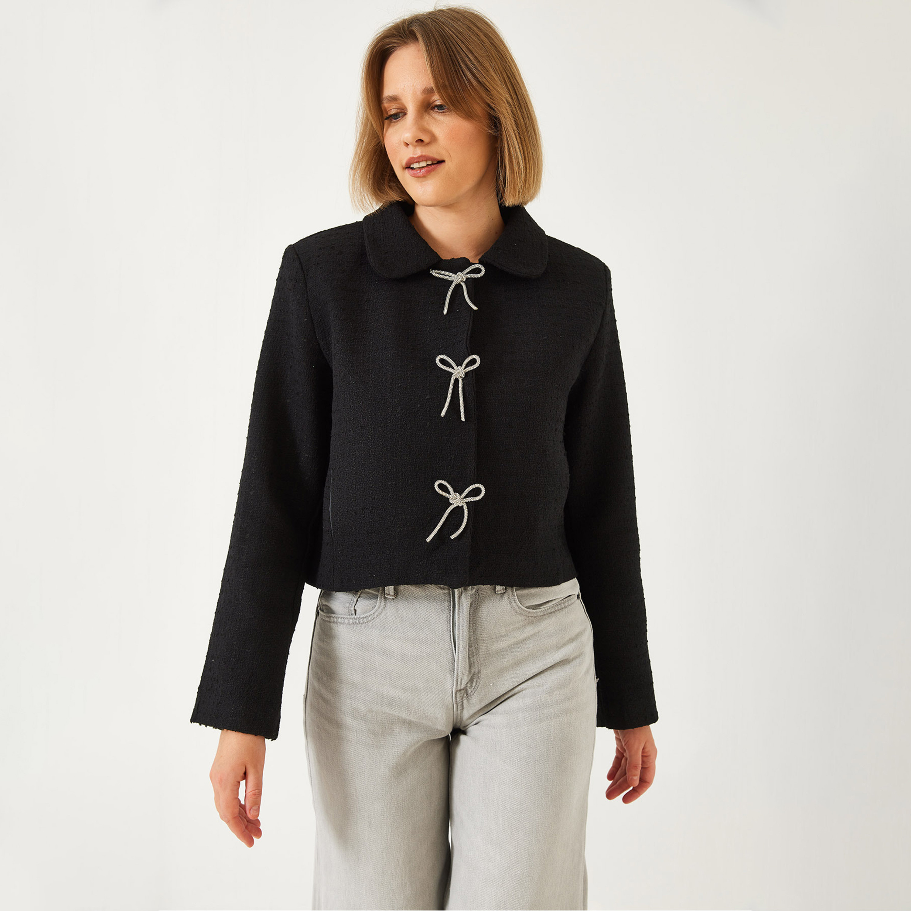 Bianco Lucci Textured Collared Black Women's Jacket-women-winterwear-coatsandjackets-jackets-image-2