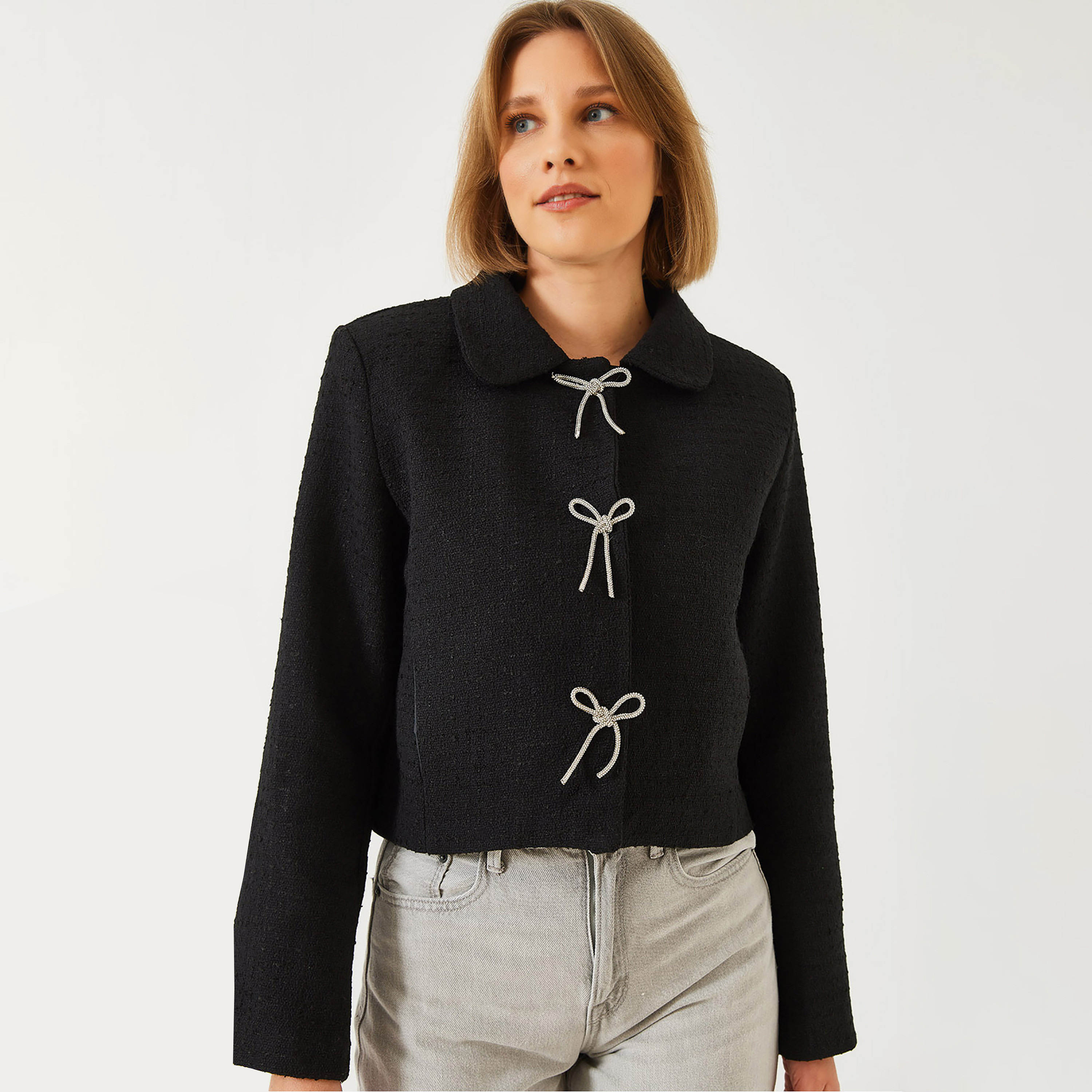 Bianco Lucci Textured Collared Black Women's Jacket-women-winterwear-coatsandjackets-jackets-image-5