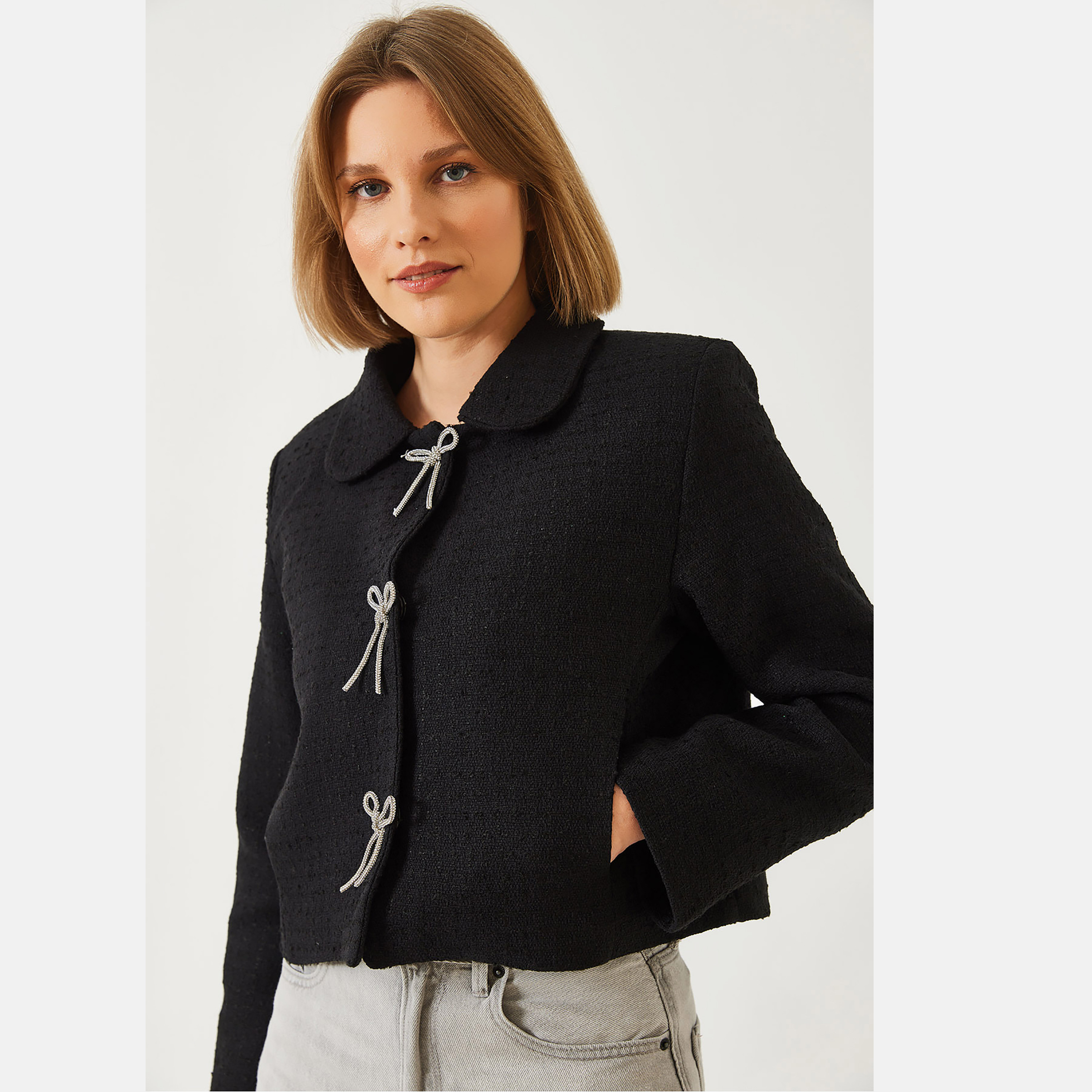 Bianco Lucci Textured Collared Black Women's Jacket-women-winterwear-coatsandjackets-jackets-image-6
