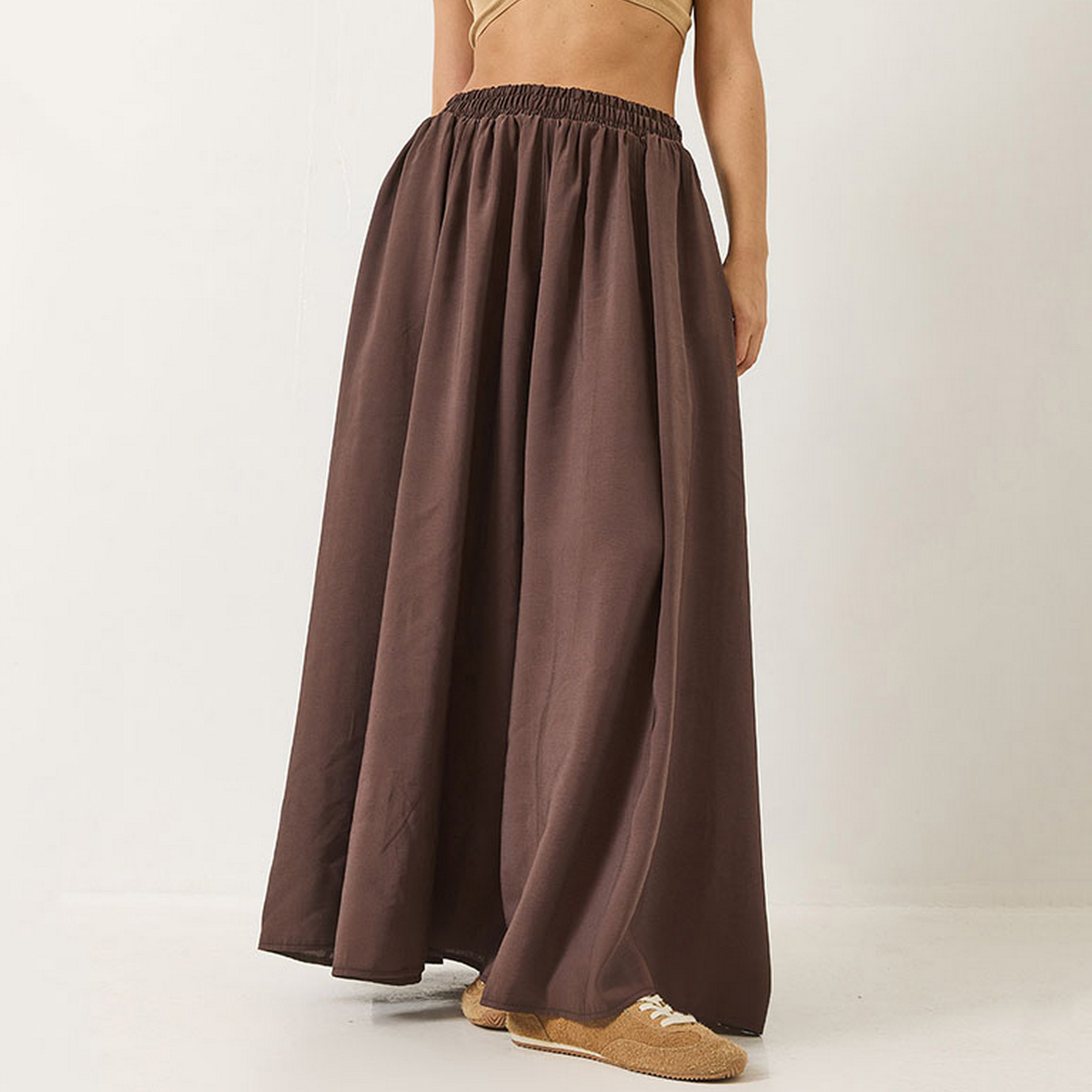 تنورة ماكسي نسائية بنية بكسرات وواسعة من بيانكو لوتشي-women-clothing-bottoms-skirts-image-1