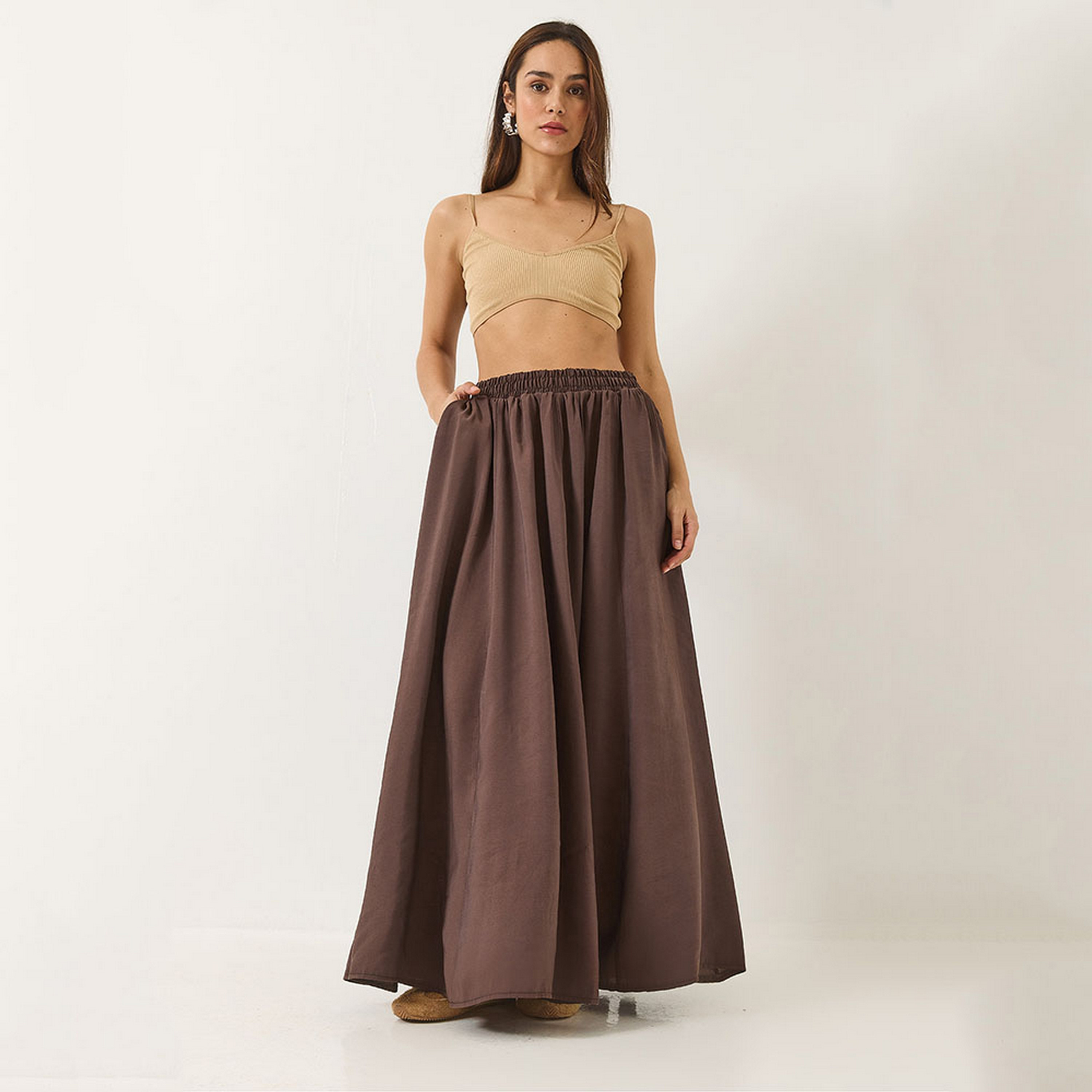 تنورة ماكسي نسائية بنية بكسرات وواسعة من بيانكو لوتشي-women-clothing-bottoms-skirts-image-2