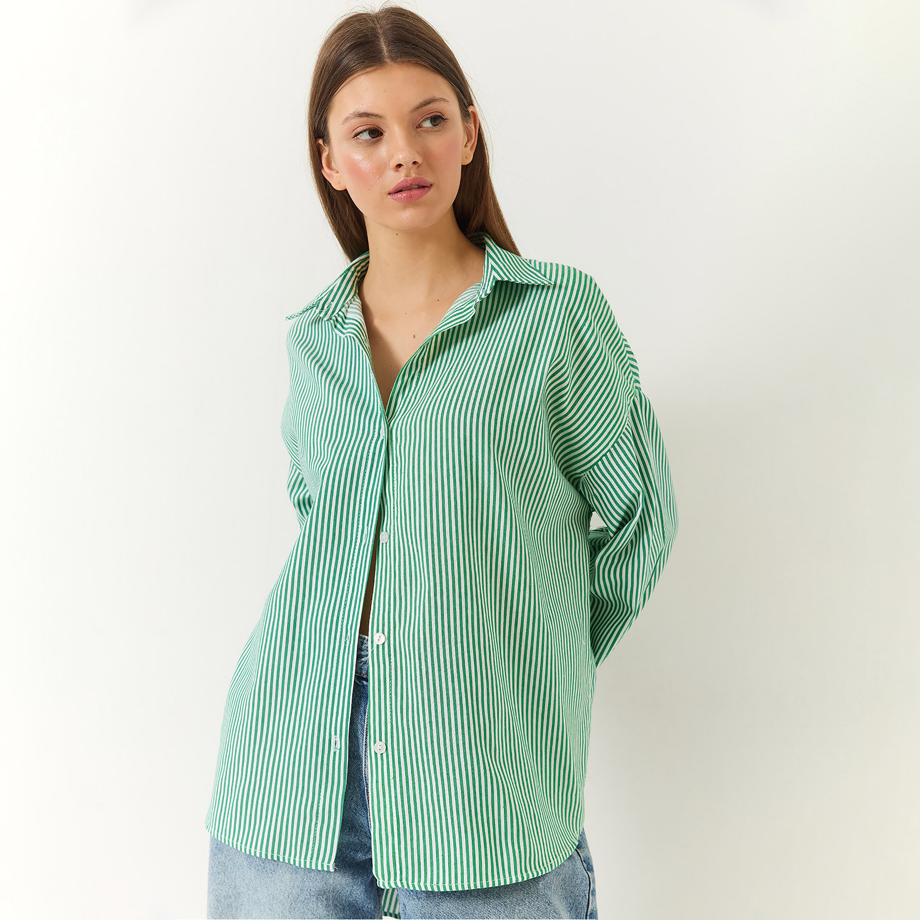 Bianco Lucci Green Striped Spread Collar Drop Shoulder Balloon Sleeves Women's Shirt-women-clothing-shirtsandblouses-shirts-image-1