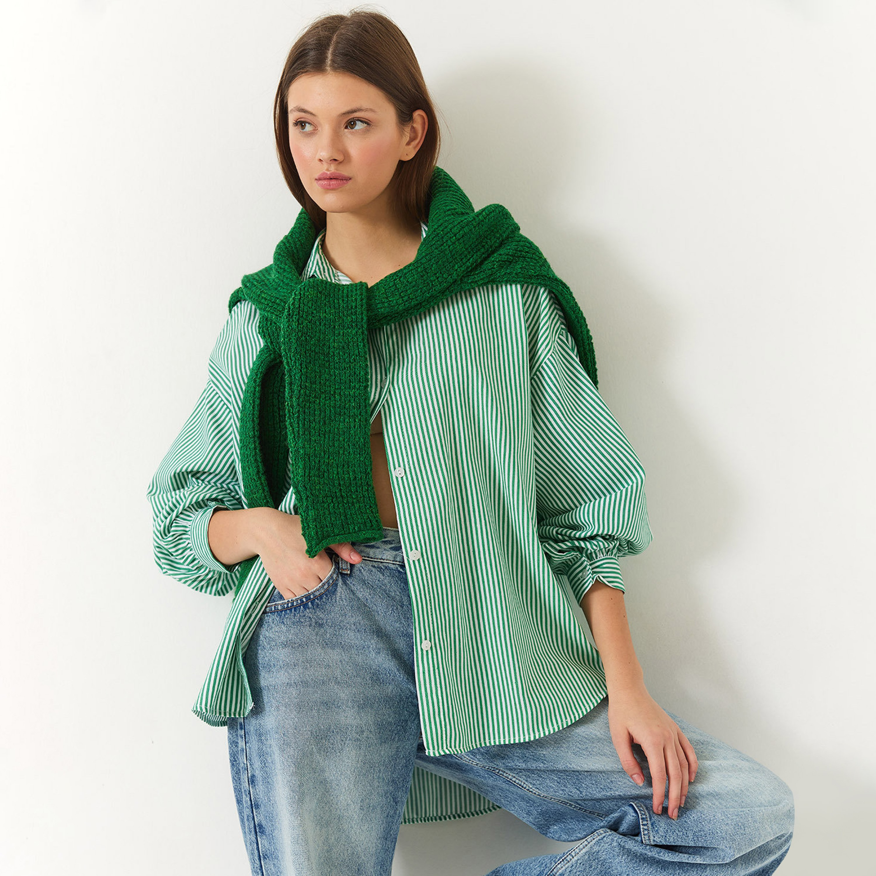 Bianco Lucci Green Striped Spread Collar Drop Shoulder Balloon Sleeves Women's Shirt-women-clothing-shirtsandblouses-shirts-image-2
