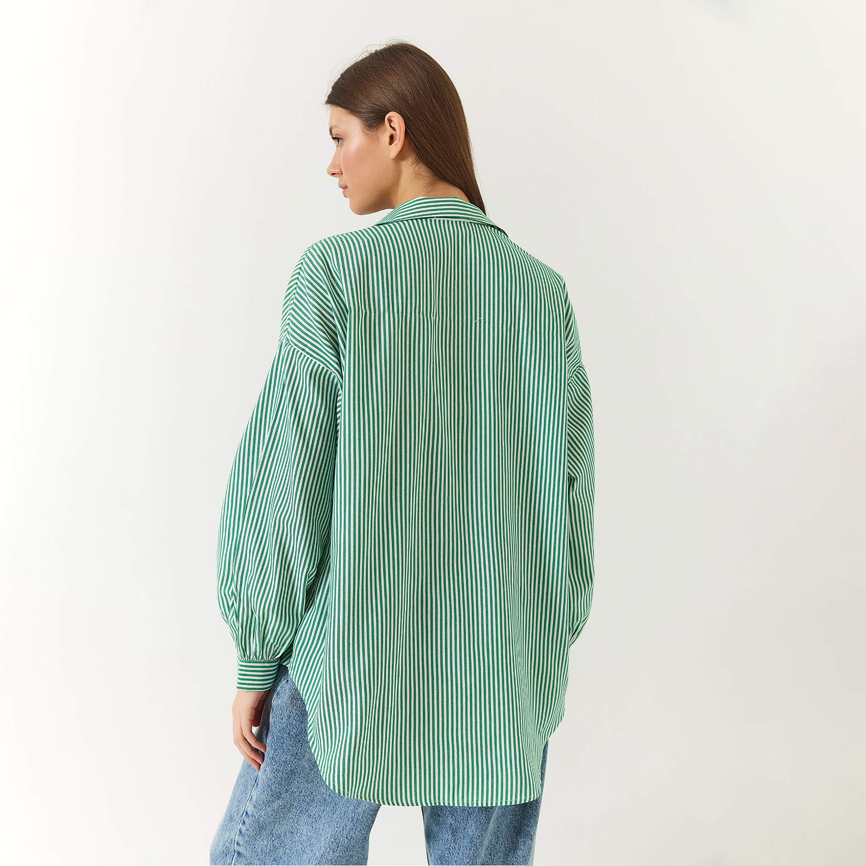Bianco Lucci Green Striped Spread Collar Drop Shoulder Balloon Sleeves Women's Shirt-women-clothing-shirtsandblouses-shirts-image-3