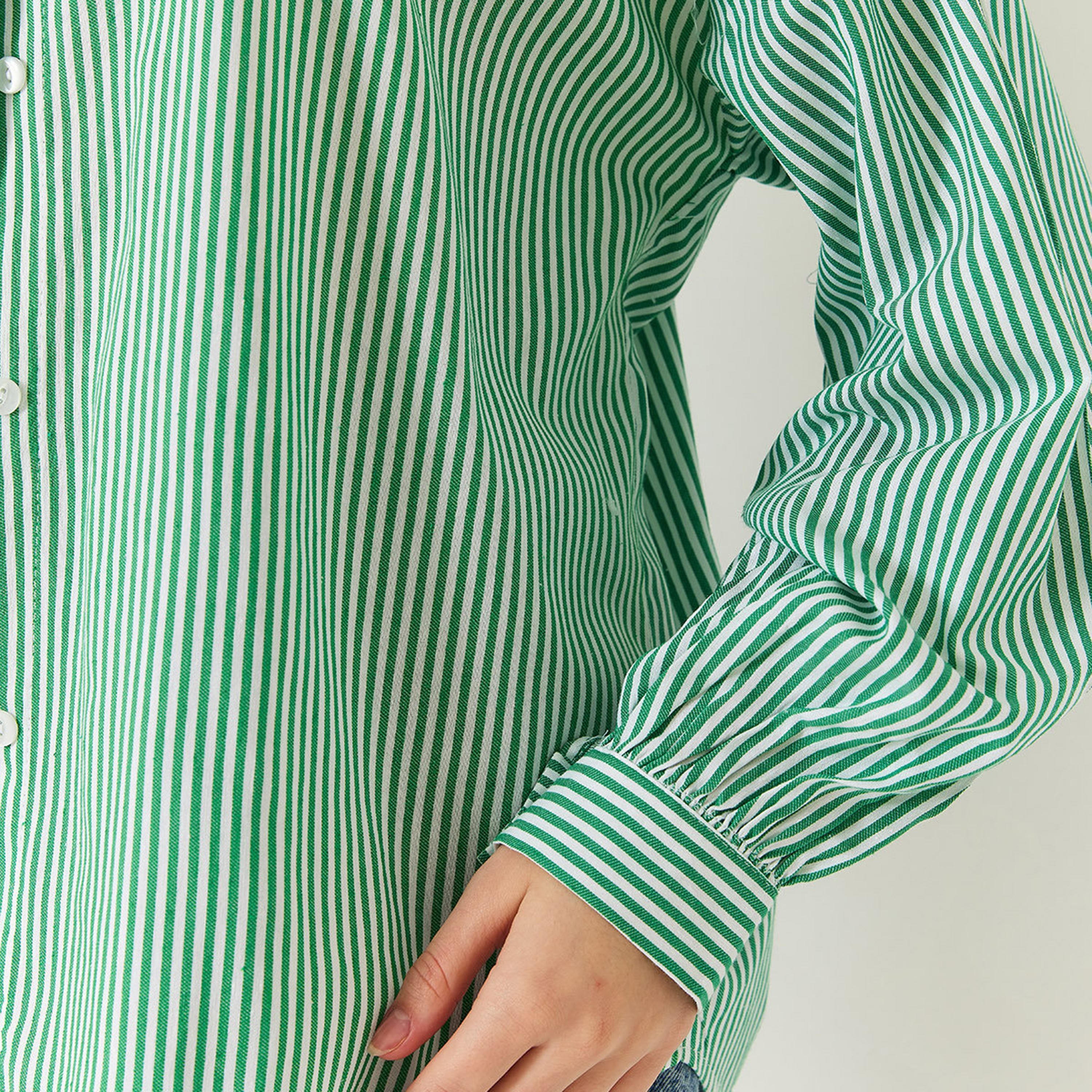 Bianco Lucci Green Striped Spread Collar Drop Shoulder Balloon Sleeves Women's Shirt-women-clothing-shirtsandblouses-shirts-image-4