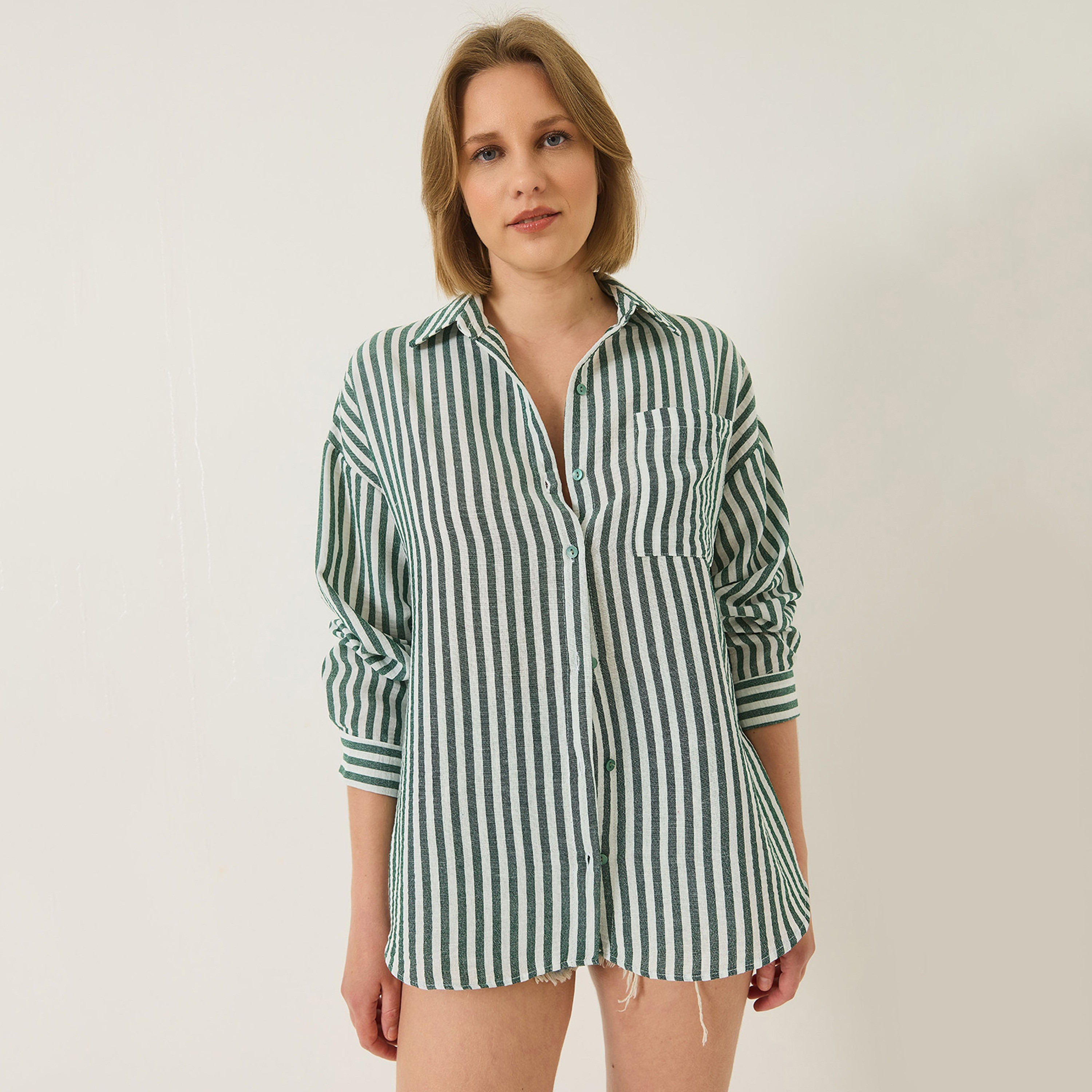 Bianco Lucci Striped Drop Shoulder Sleeves Green Women's Shirt-women-clothing-shirtsandblouses-shirts-image-1