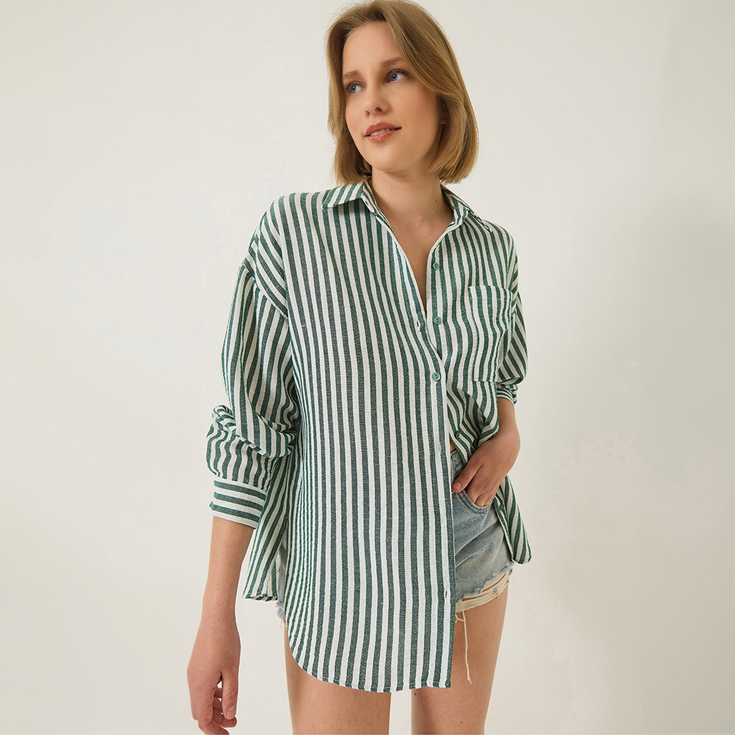 Bianco Lucci Striped Drop Shoulder Sleeves Green Women's Shirt-women-clothing-shirtsandblouses-shirts-image-2