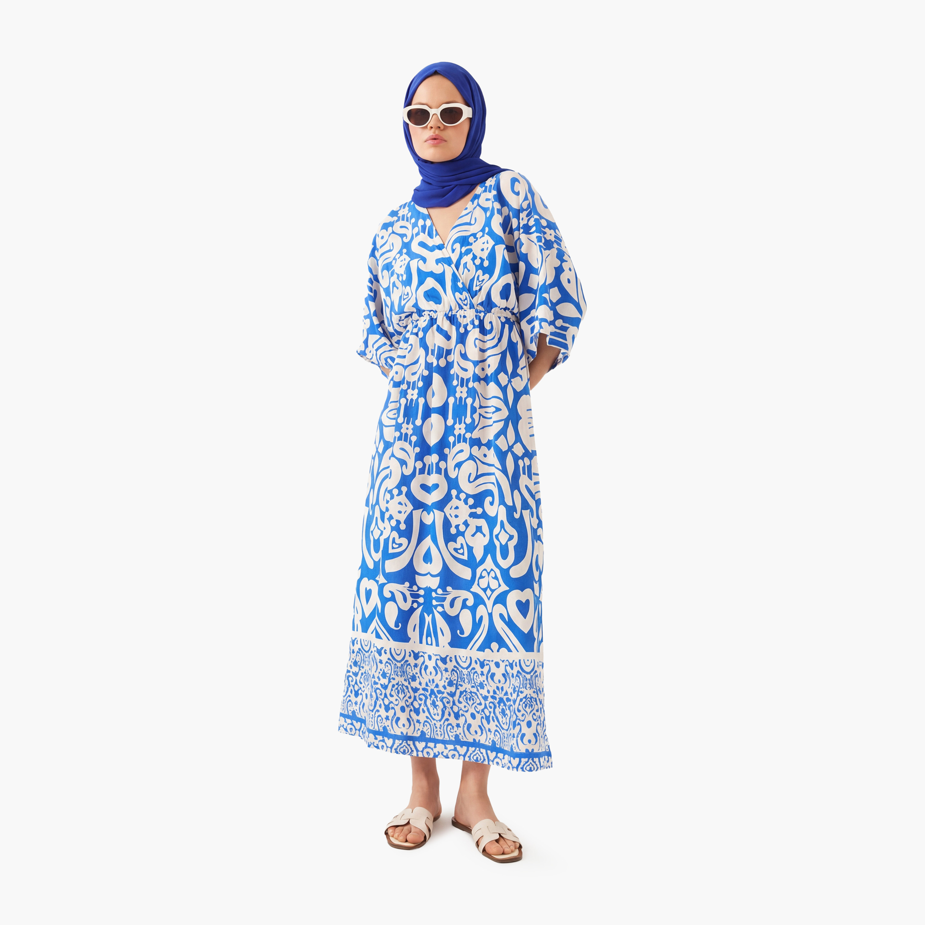 Bianco Lucci Blue Ethnic Print Surplice Neck Midi Women's Dress-women-clothing-dresses-image-1
