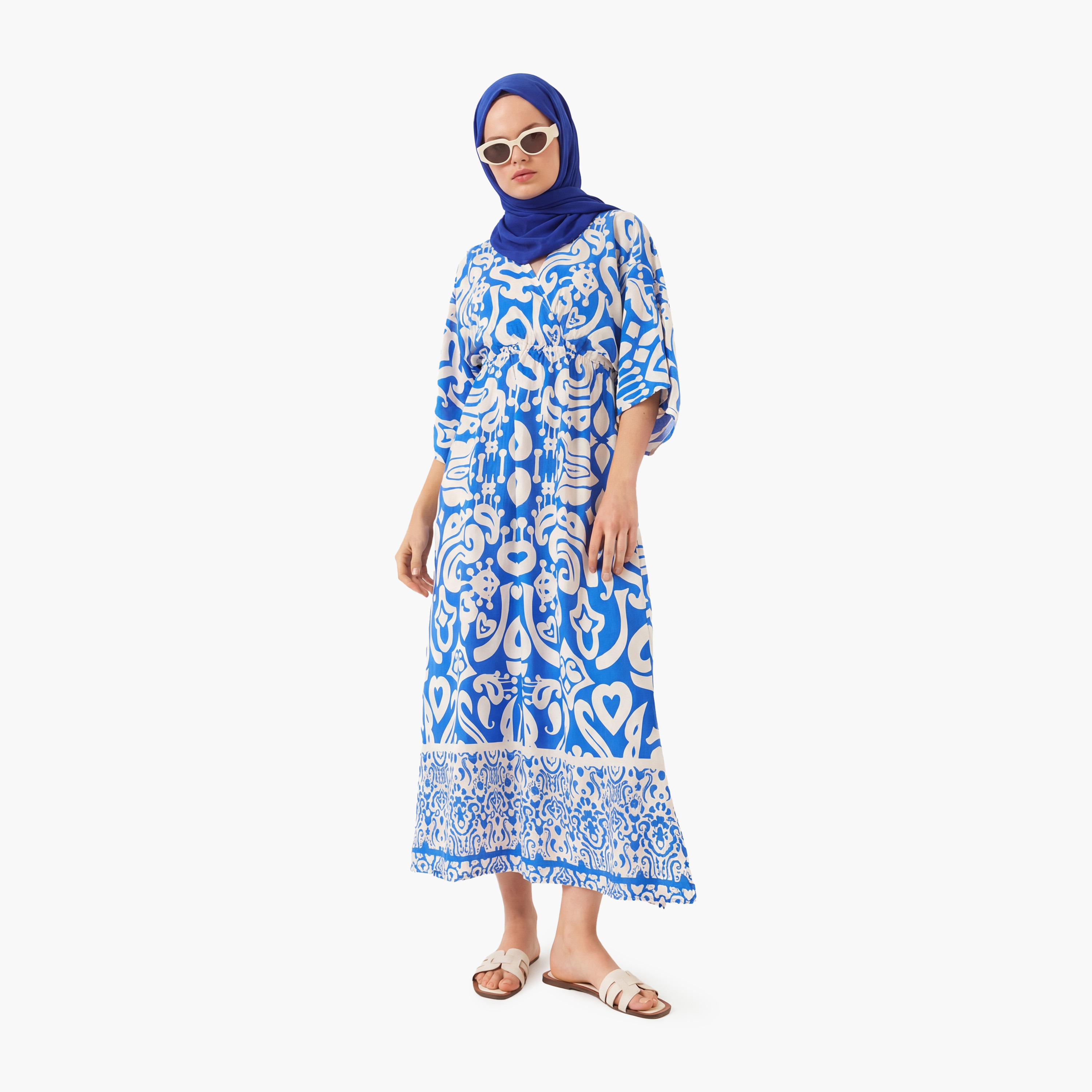 Bianco Lucci Blue Ethnic Print Surplice Neck Midi Women's Dress-women-clothing-dresses-image-2