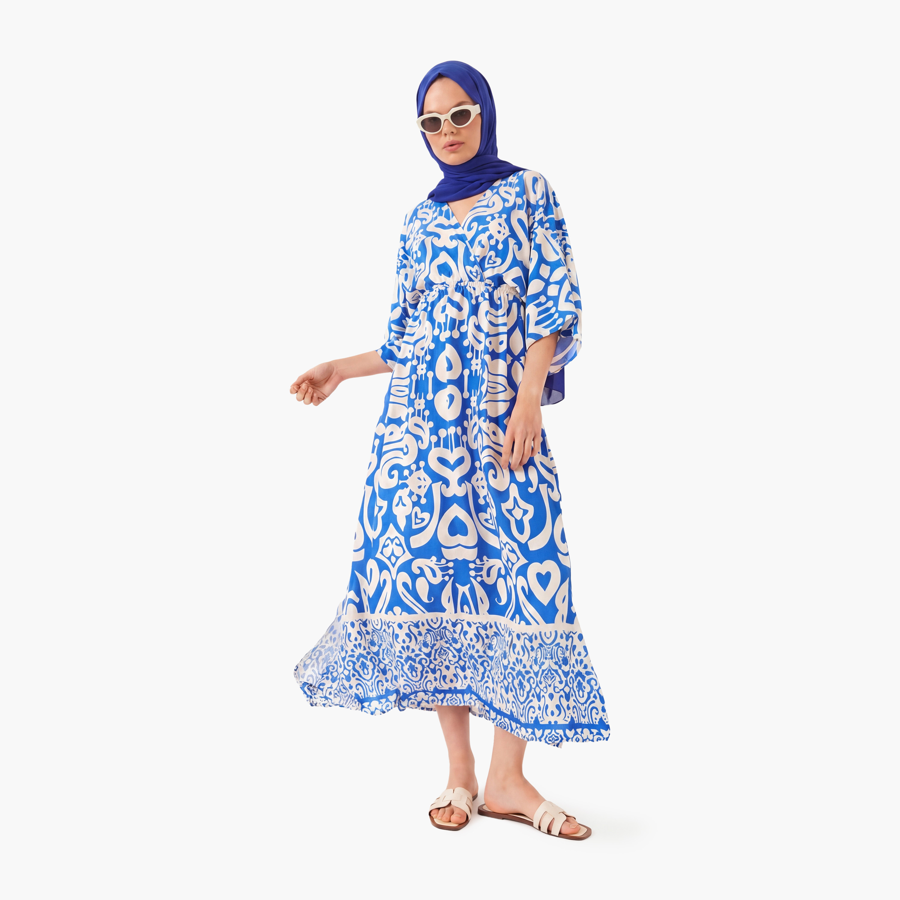 Bianco Lucci Blue Ethnic Print Surplice Neck Midi Women's Dress-women-clothing-dresses-image-3