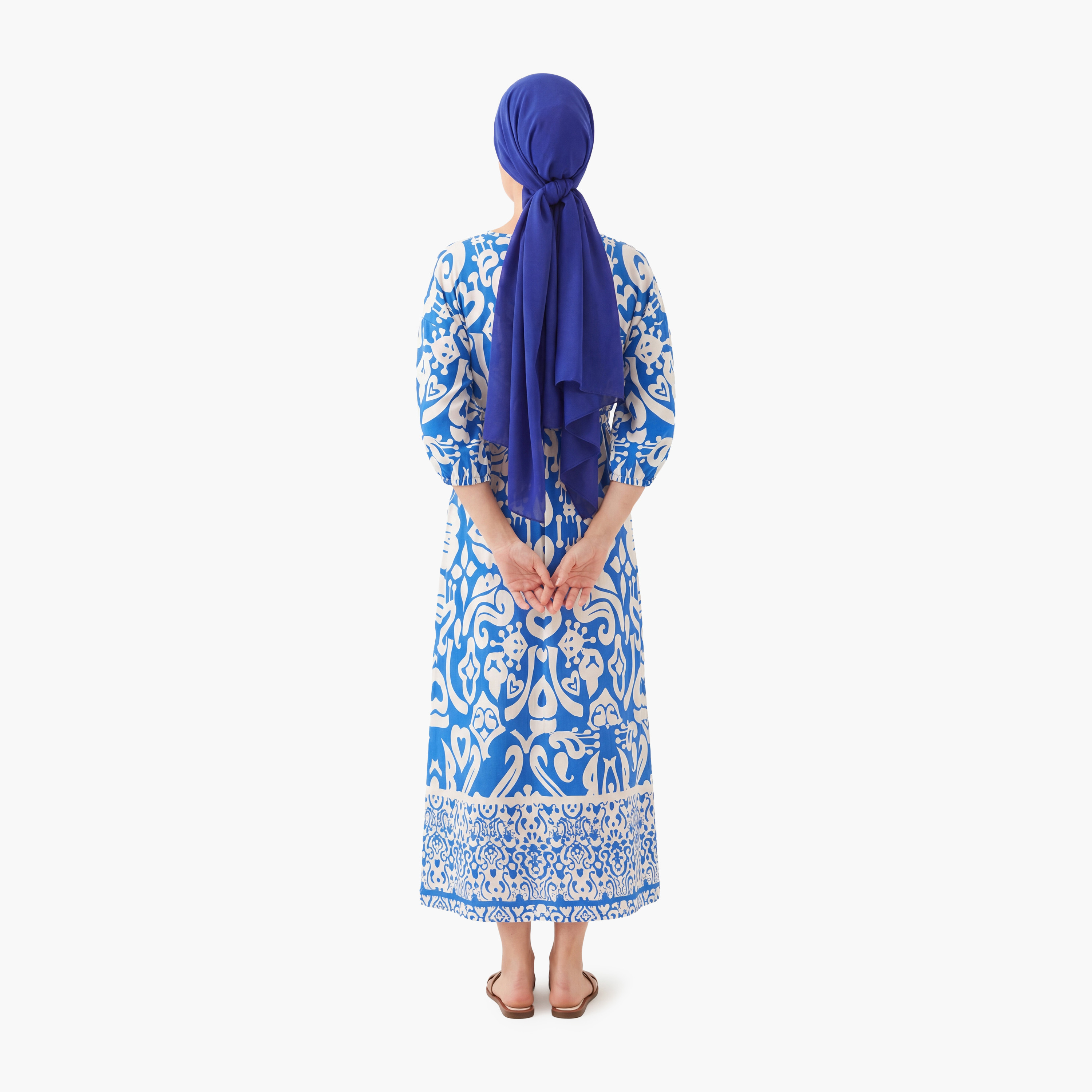 فستان ميدي نسائي بفتحة صدر متداخلة وطبعة إثنية زرقاء من بيانكو لوتشي-women-clothing-dresses-image-4