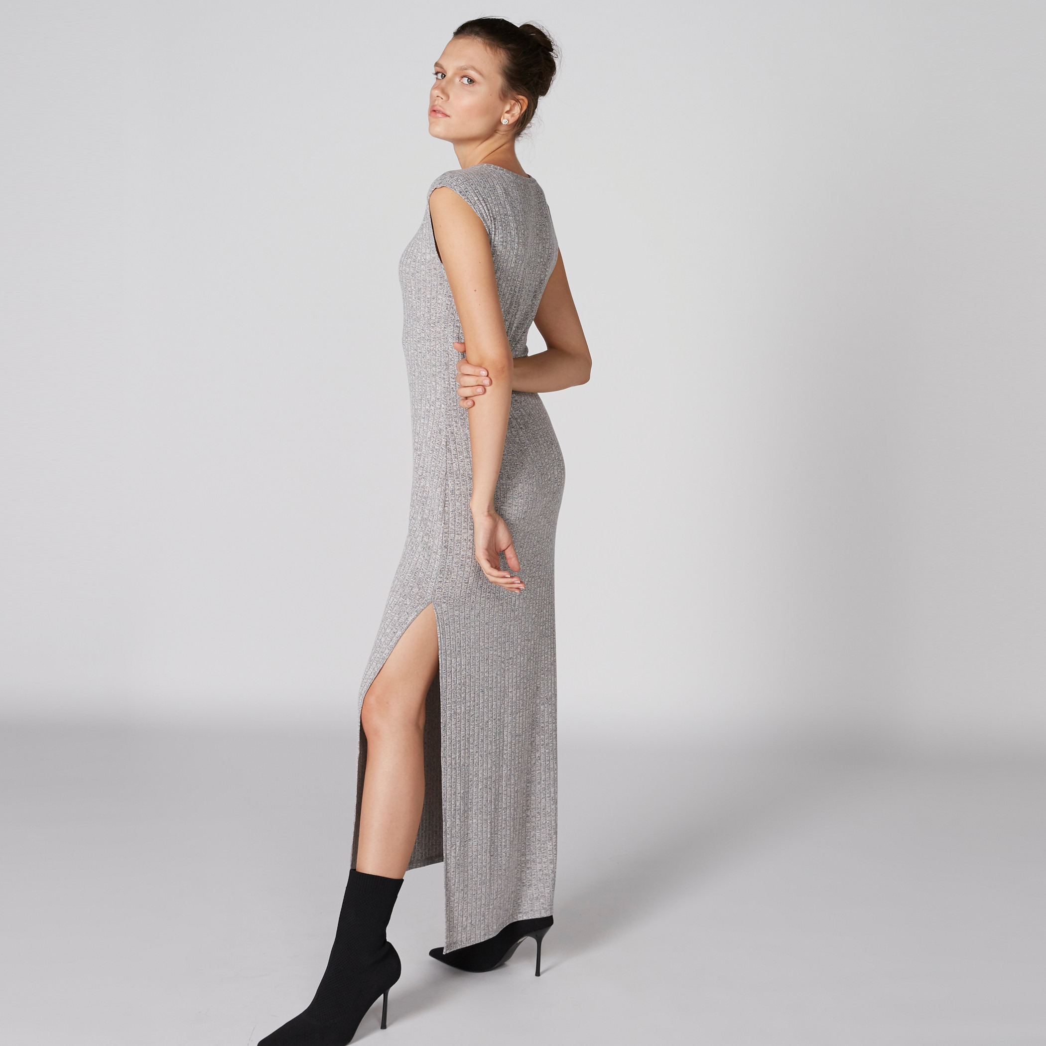 Shop Ribbed Round Neck Sleeveless Dress with Side Slit