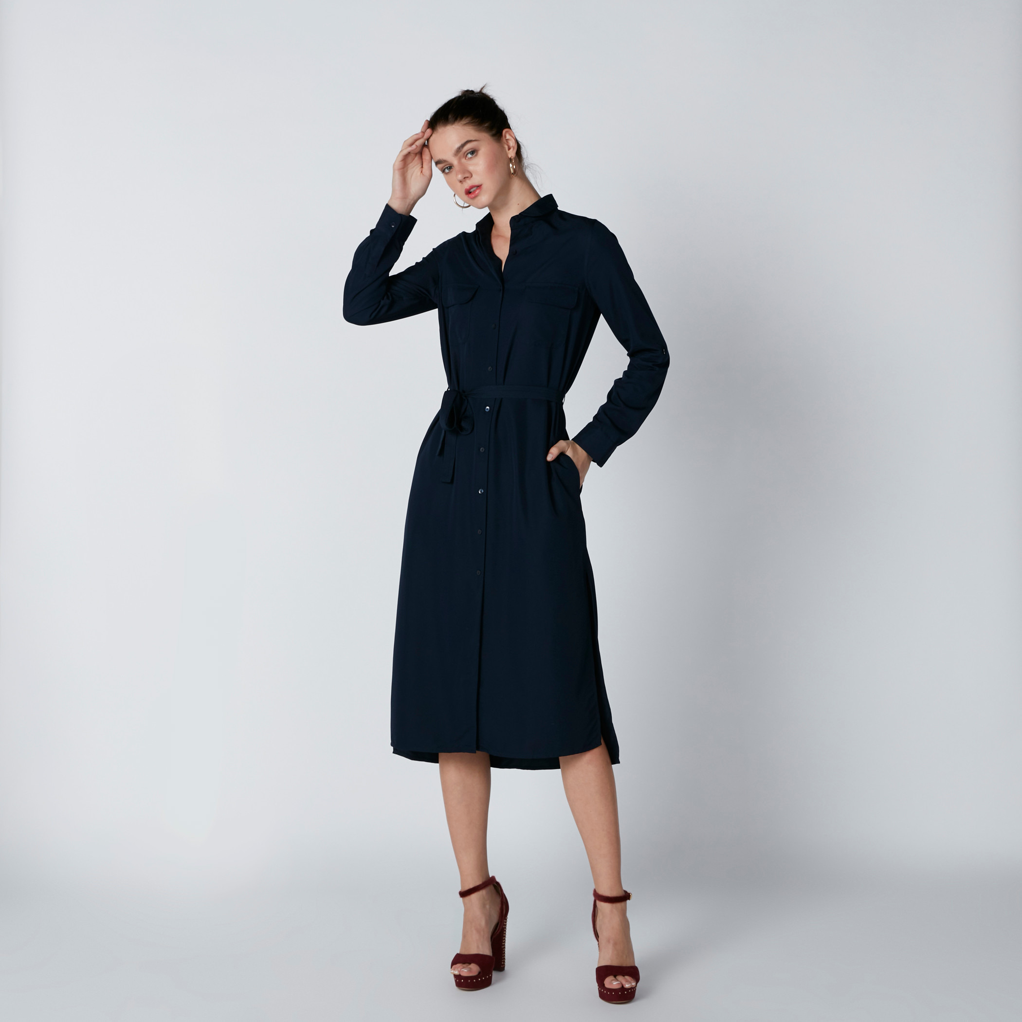 Pocket Detail Midi Shirt Dress with Long Sleeves and Tie Up Belt-women-clothing-dresses-image-10