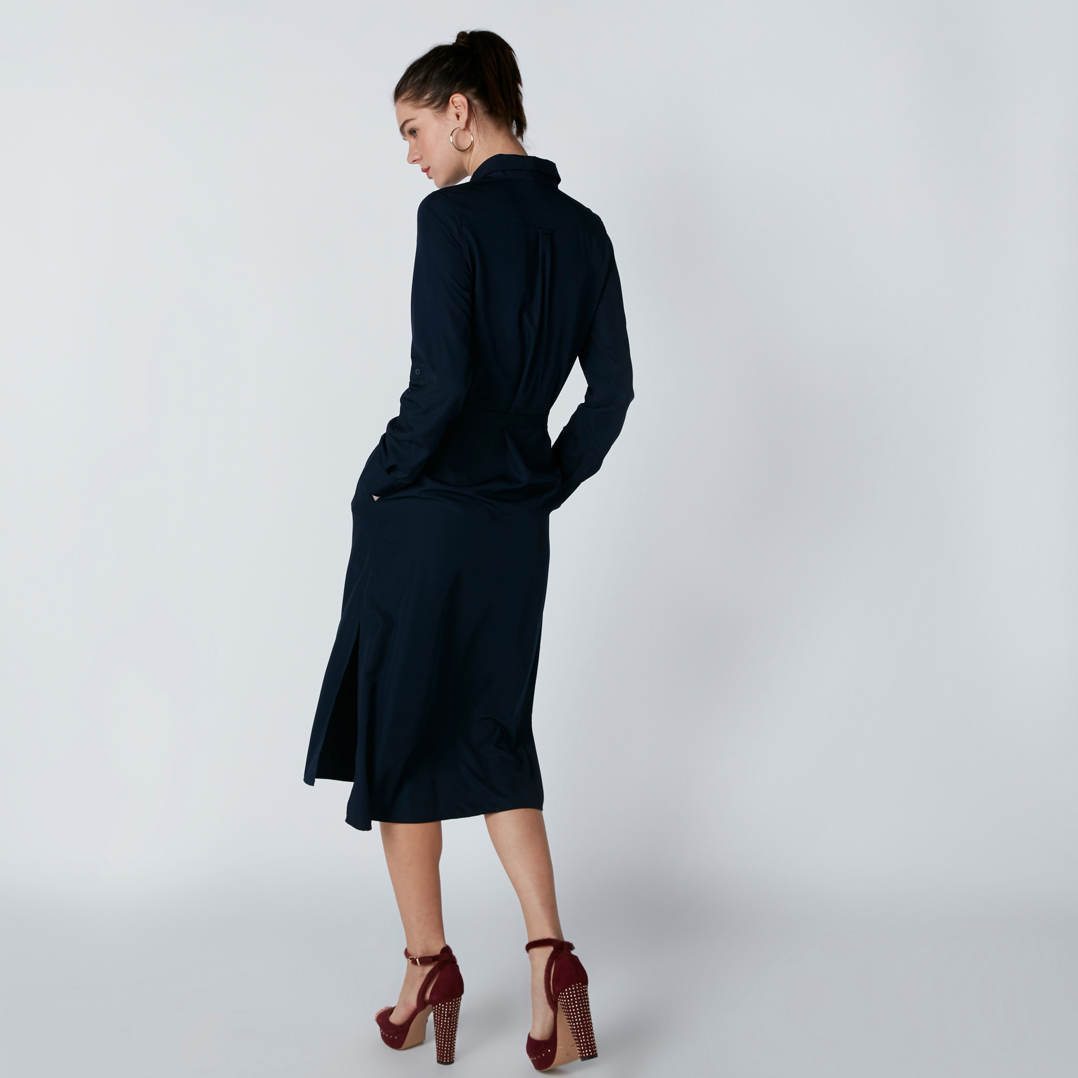 Pocket Detail Midi Shirt Dress with Long Sleeves and Tie Up Belt-women-clothing-dresses-image-11