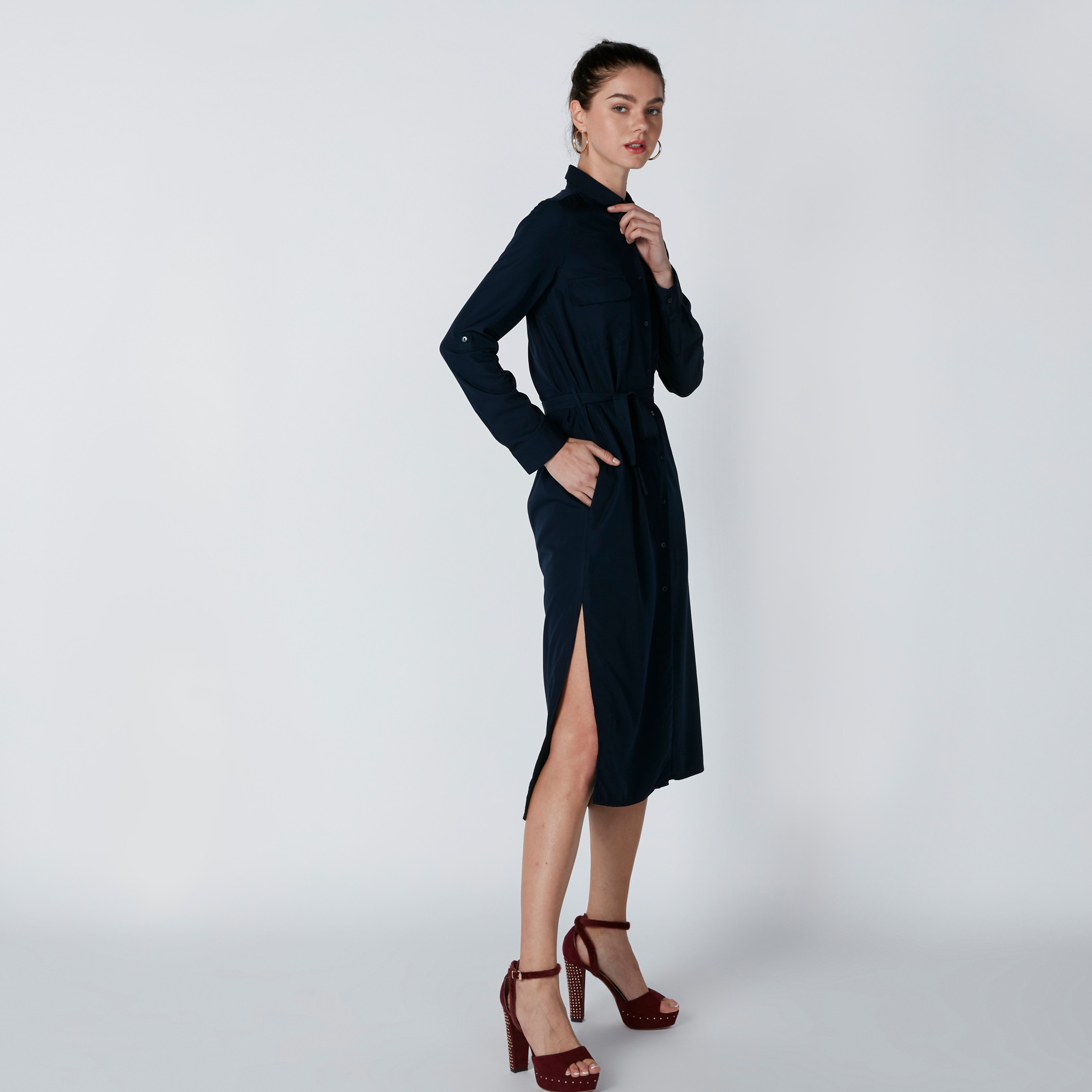 Pocket Detail Midi Shirt Dress with Long Sleeves and Tie Up Belt-women-clothing-dresses-image-12