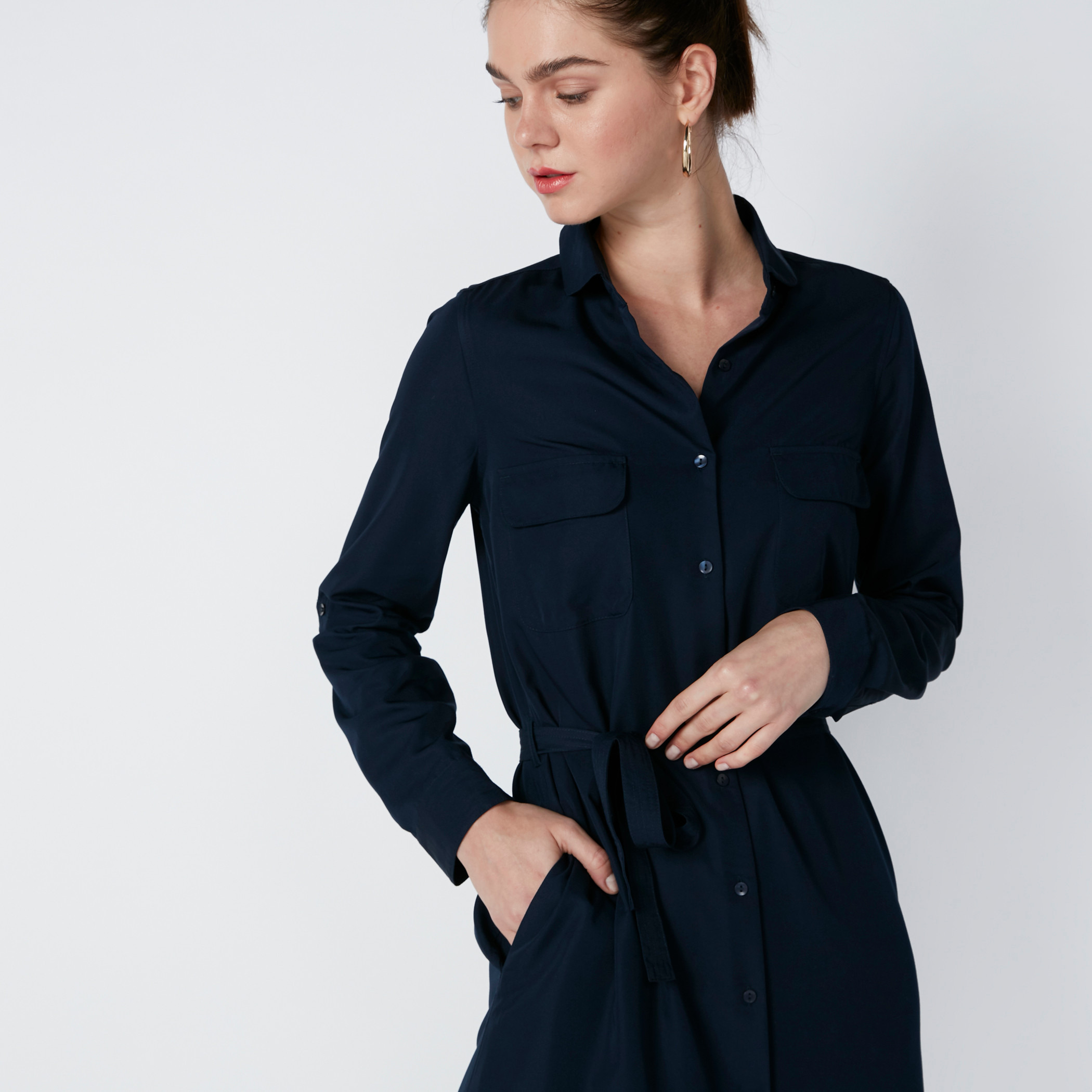 Pocket Detail Midi Shirt Dress with Long Sleeves and Tie Up Belt-women-clothing-dresses-image-13