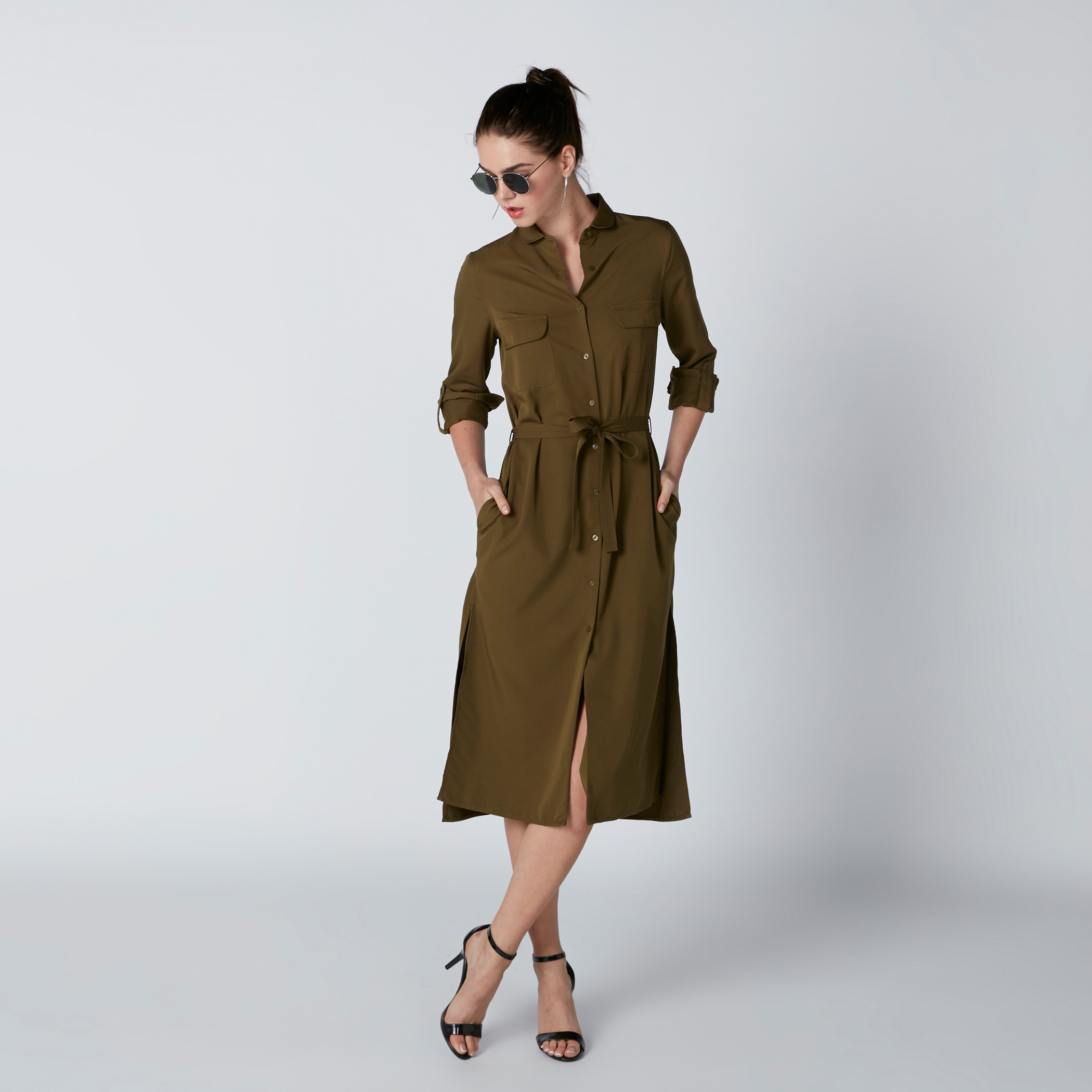 Pocket Detail Midi Shirt Dress with Long Sleeves and Tie Up Belt-women-clothing-dresses-image-6