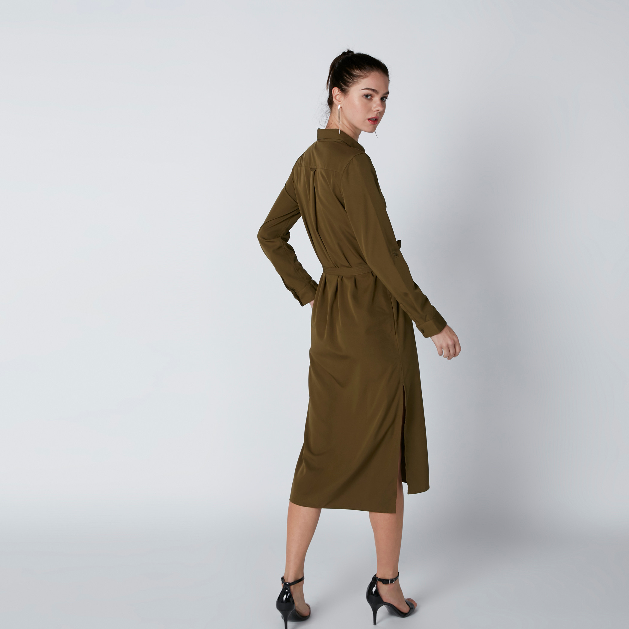 Pocket Detail Midi Shirt Dress with Long Sleeves and Tie Up Belt-women-clothing-dresses-image-7