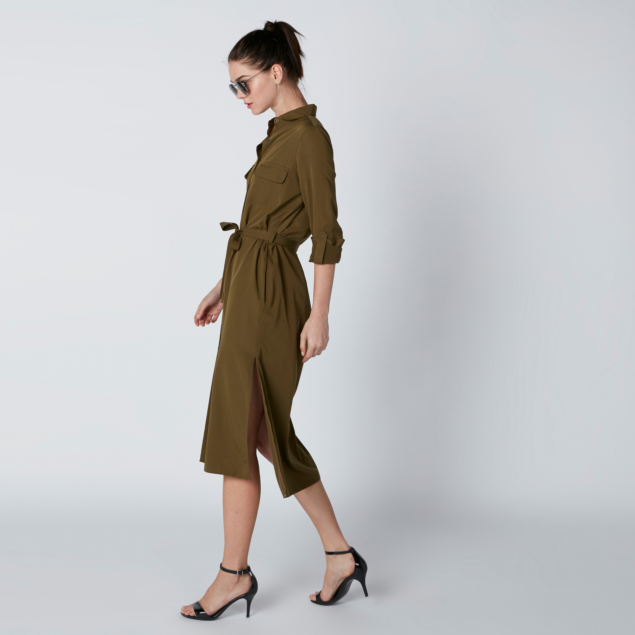 Pocket Detail Midi Shirt Dress with Long Sleeves and Tie Up Belt-women-clothing-dresses-image-8