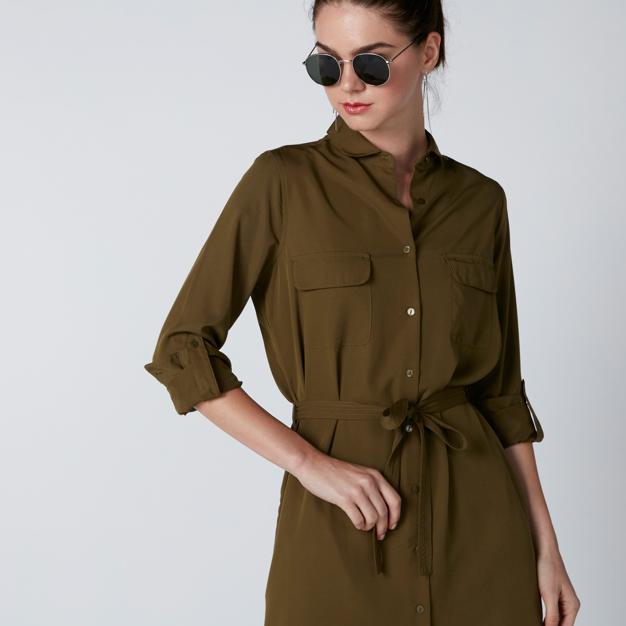 Pocket Detail Midi Shirt Dress with Long Sleeves and Tie Up Belt-women-clothing-dresses-image-9