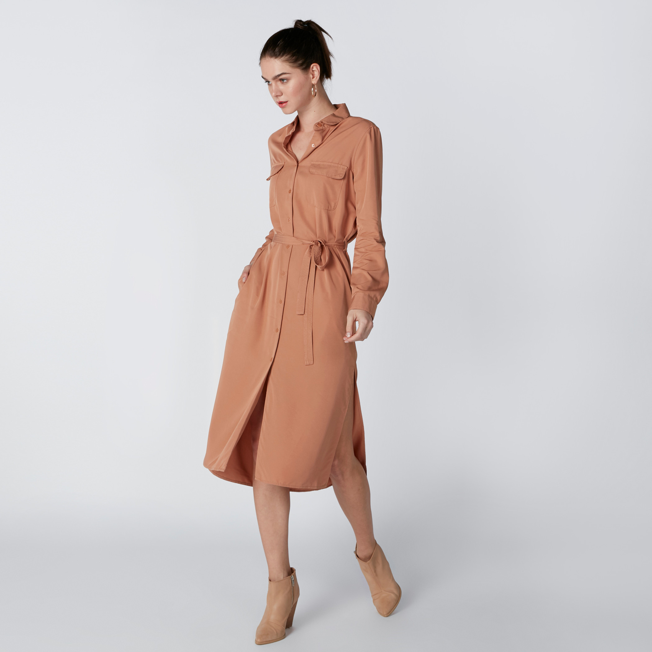 Pocket Detail Midi Shirt Dress with Long Sleeves and Tie Up Belt-women-clothing-dresses-image-1