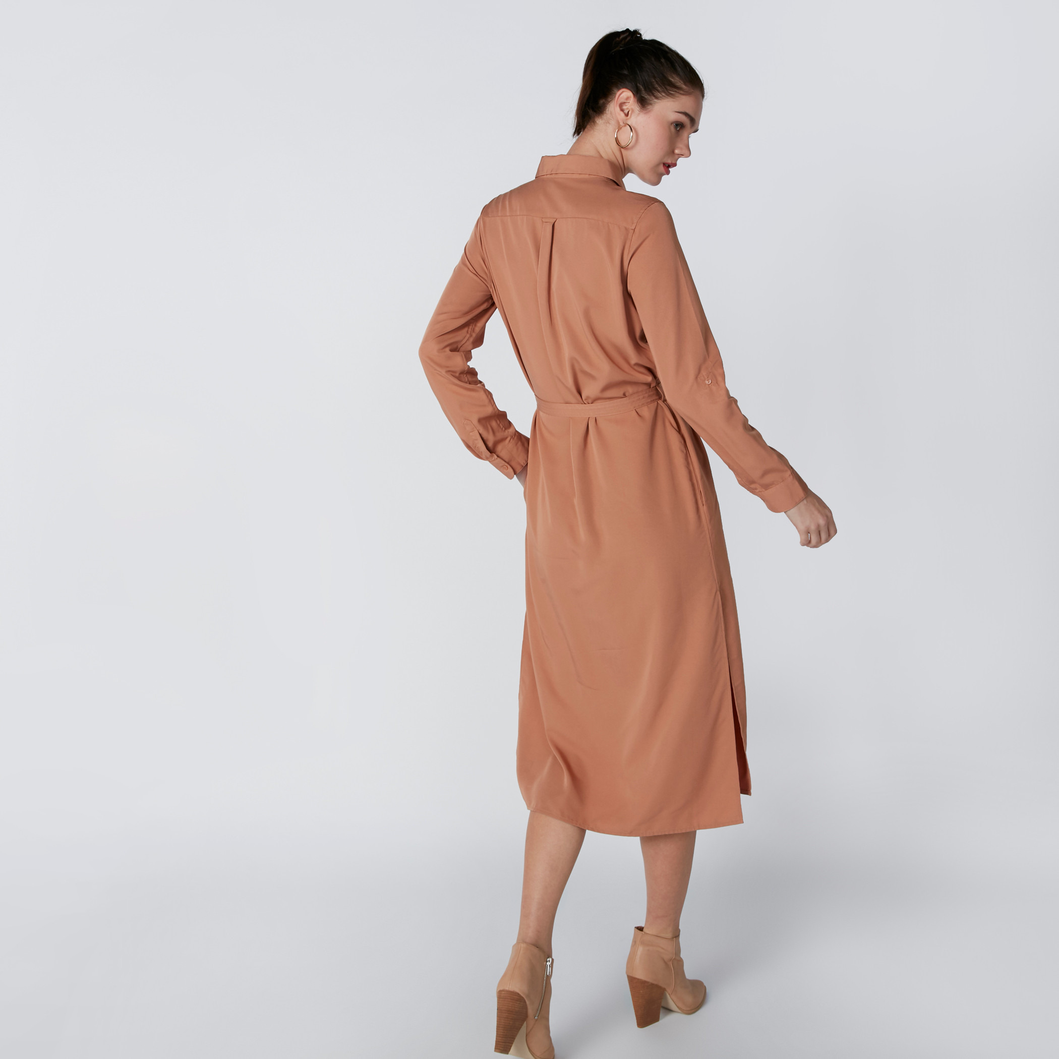 Pocket Detail Midi Shirt Dress with Long Sleeves and Tie Up Belt-women-clothing-dresses-image-2